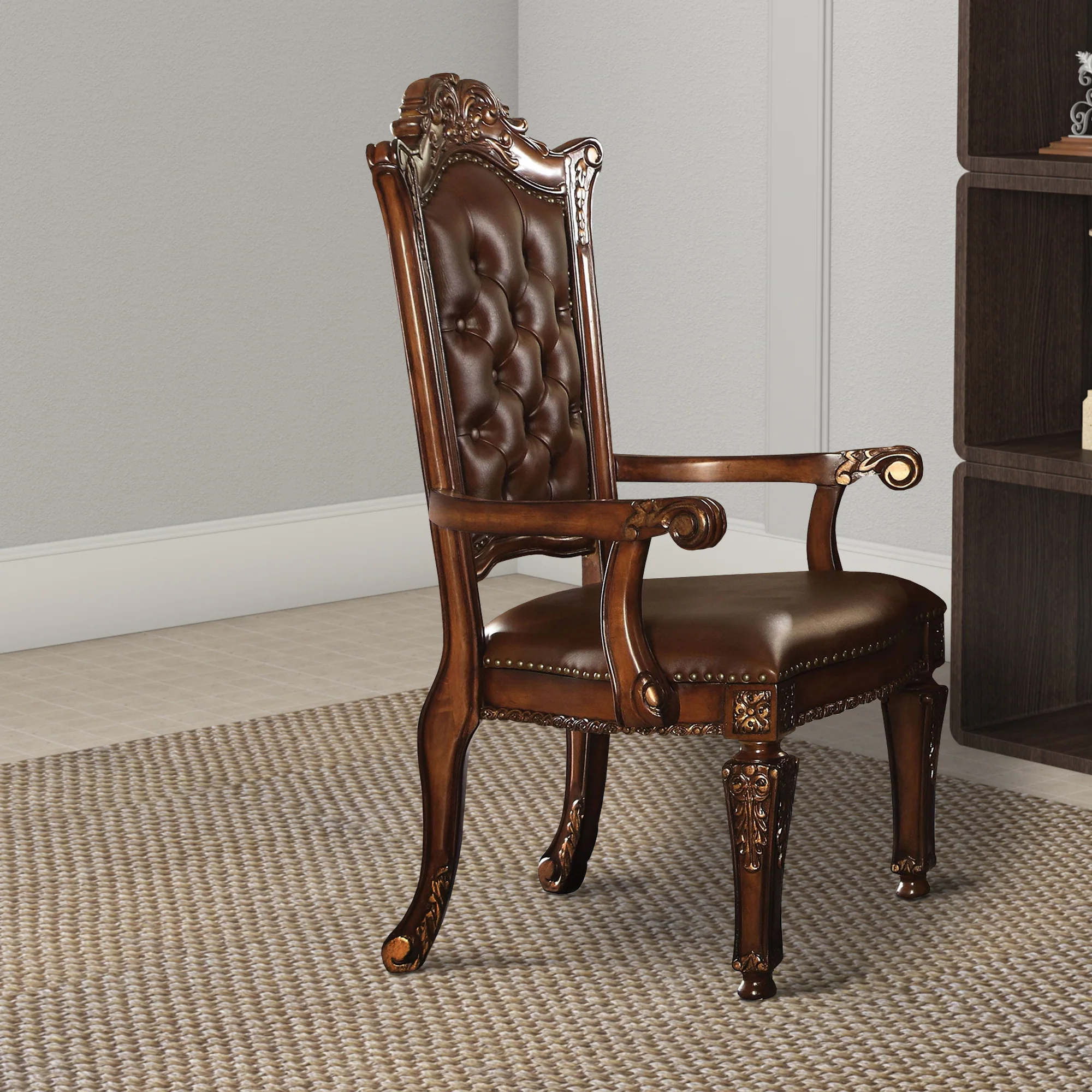Leather Upholstered Arm Chair In Cherry Brown By Benzara
