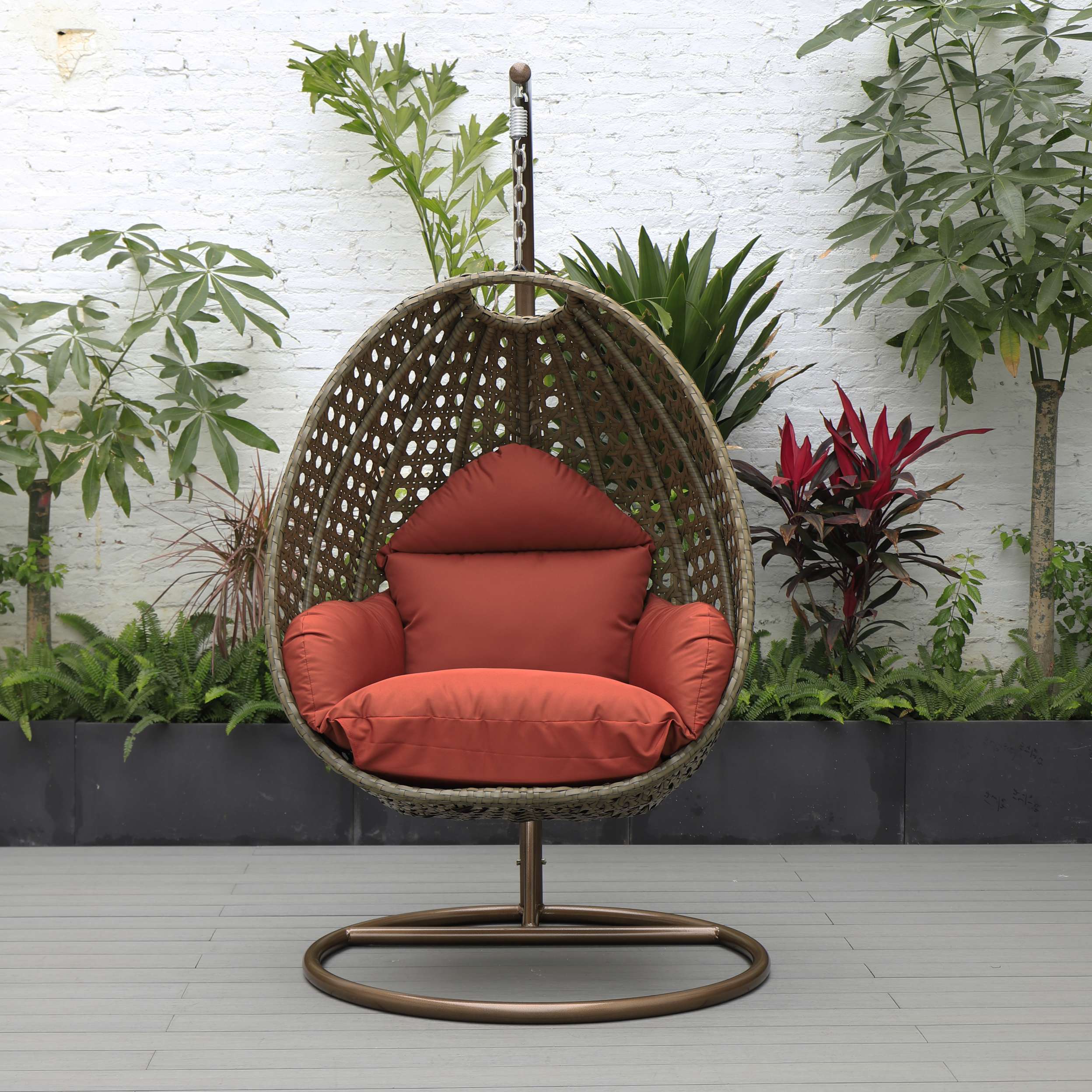 LeisureMod Beige Wicker Hanging Egg Swing Chair - Image 36