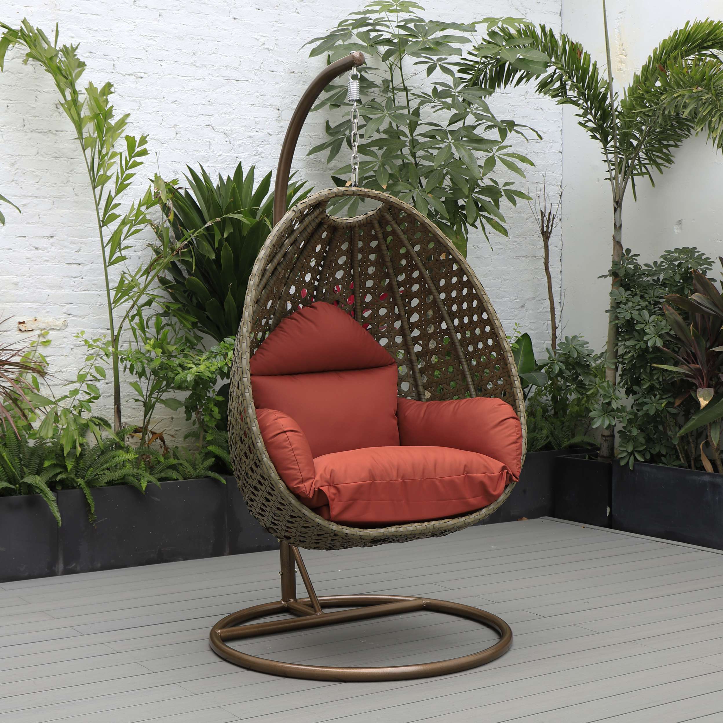 LeisureMod Beige Wicker Hanging Egg Swing Chair - Image 49