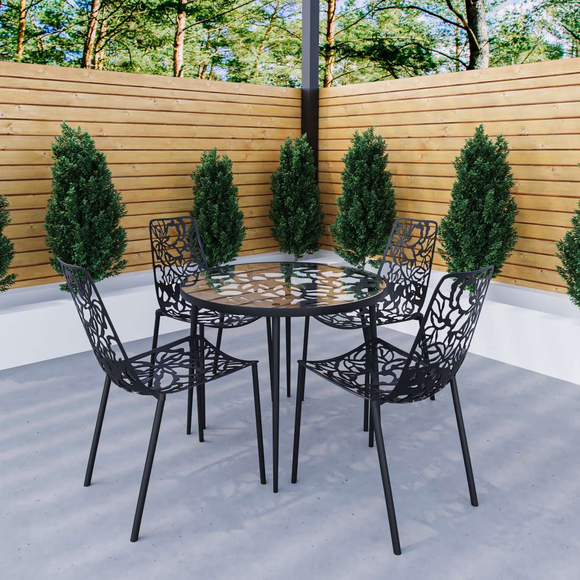 LeisureMod Devon Mid-Century Modern 5-Piece Aluminum Outdoor Patio Dining Set with Tempered Glass Top Table and 4 Stackable
- DT31C4BL