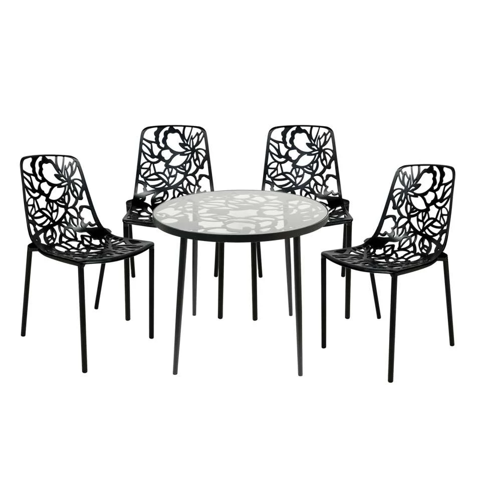 LeisureMod Devon Mid-Century Modern 5-Piece Aluminum Outdoor Patio Dining Set with Tempered Glass Top Table and 4 Stackable
- DT31C4BL - Image 2