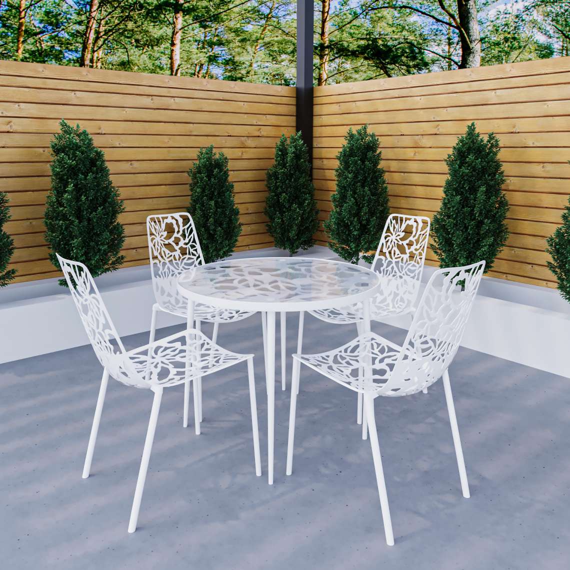 LeisureMod Devon Mid-Century Modern 5-Piece Aluminum Outdoor Patio Dining Set with Tempered Glass Top Table and 4 Stackable
- DT31C4BL - Image 49