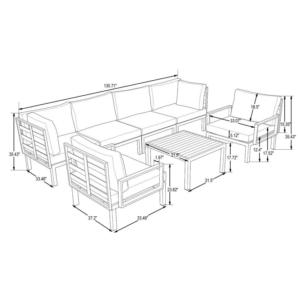 LeisureMod Hamilton 7-Piece Aluminum Patio Conversation Set With Coffee Table And Cushions - Image 3
