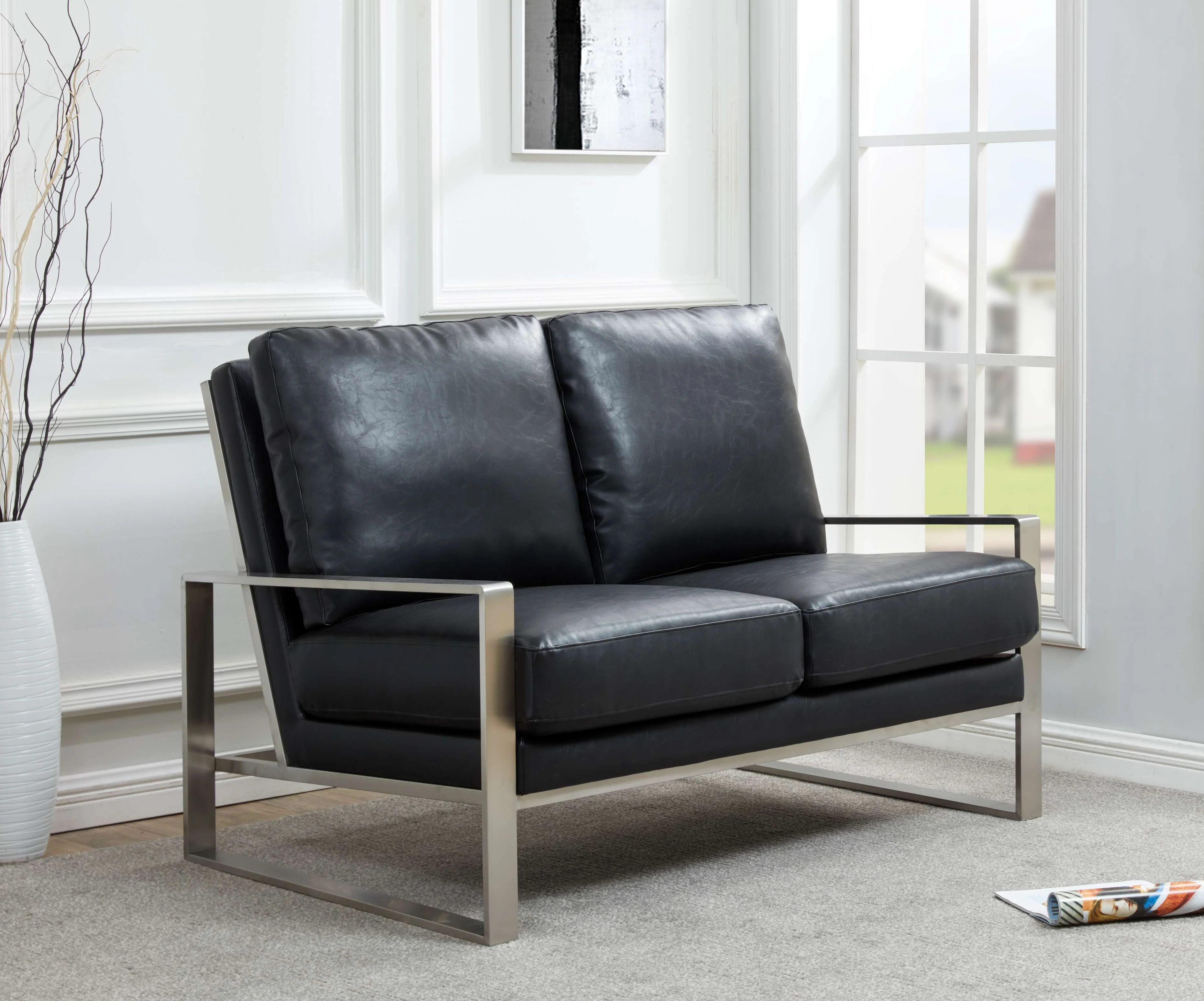 Leisuremod Jefferson Contemporary Modern Faux Leather Loveseat With Silver Frame
