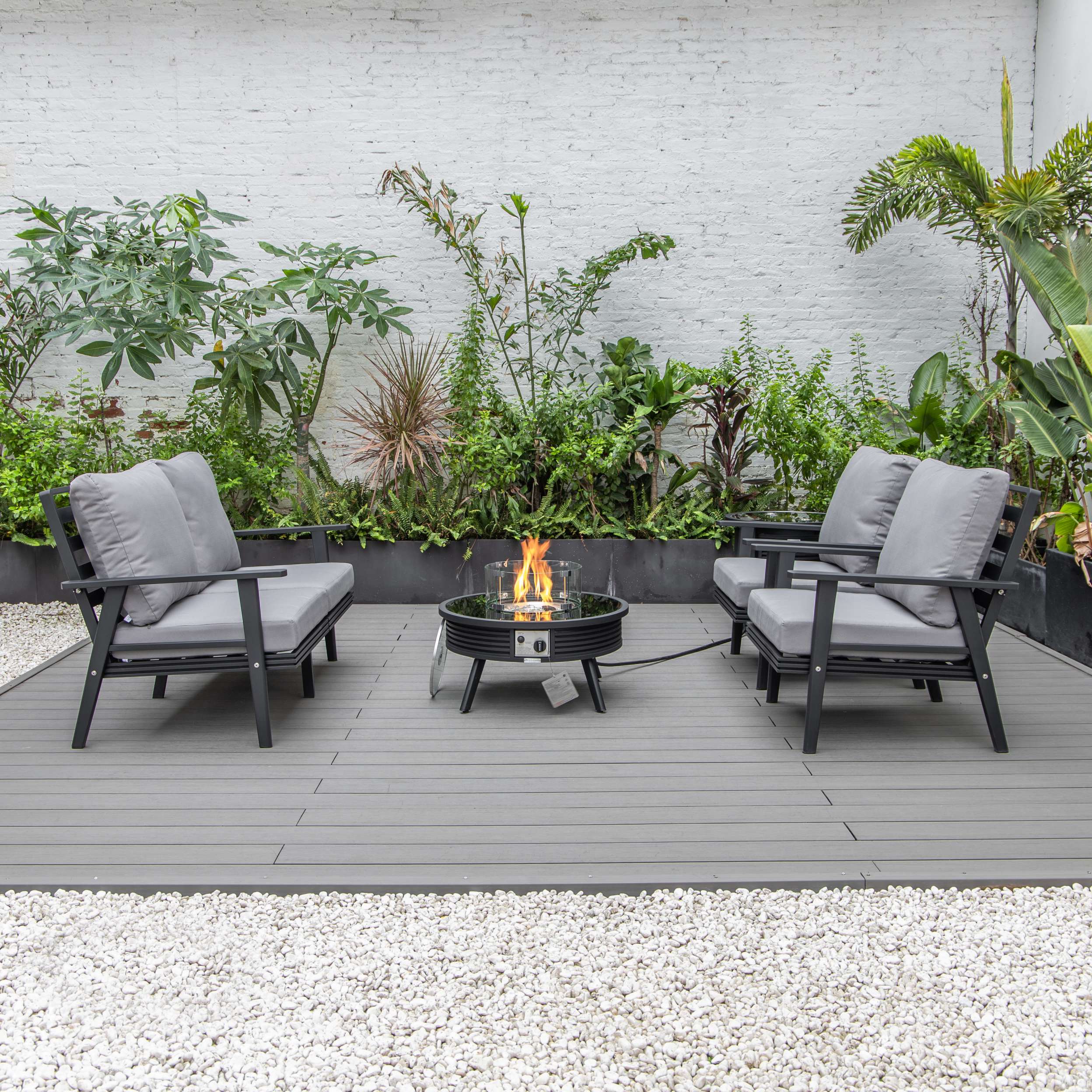 LeisureMod Walbrooke Modern Black Patio Conversation With Round Fire Pit & Tank Holder - Image 13