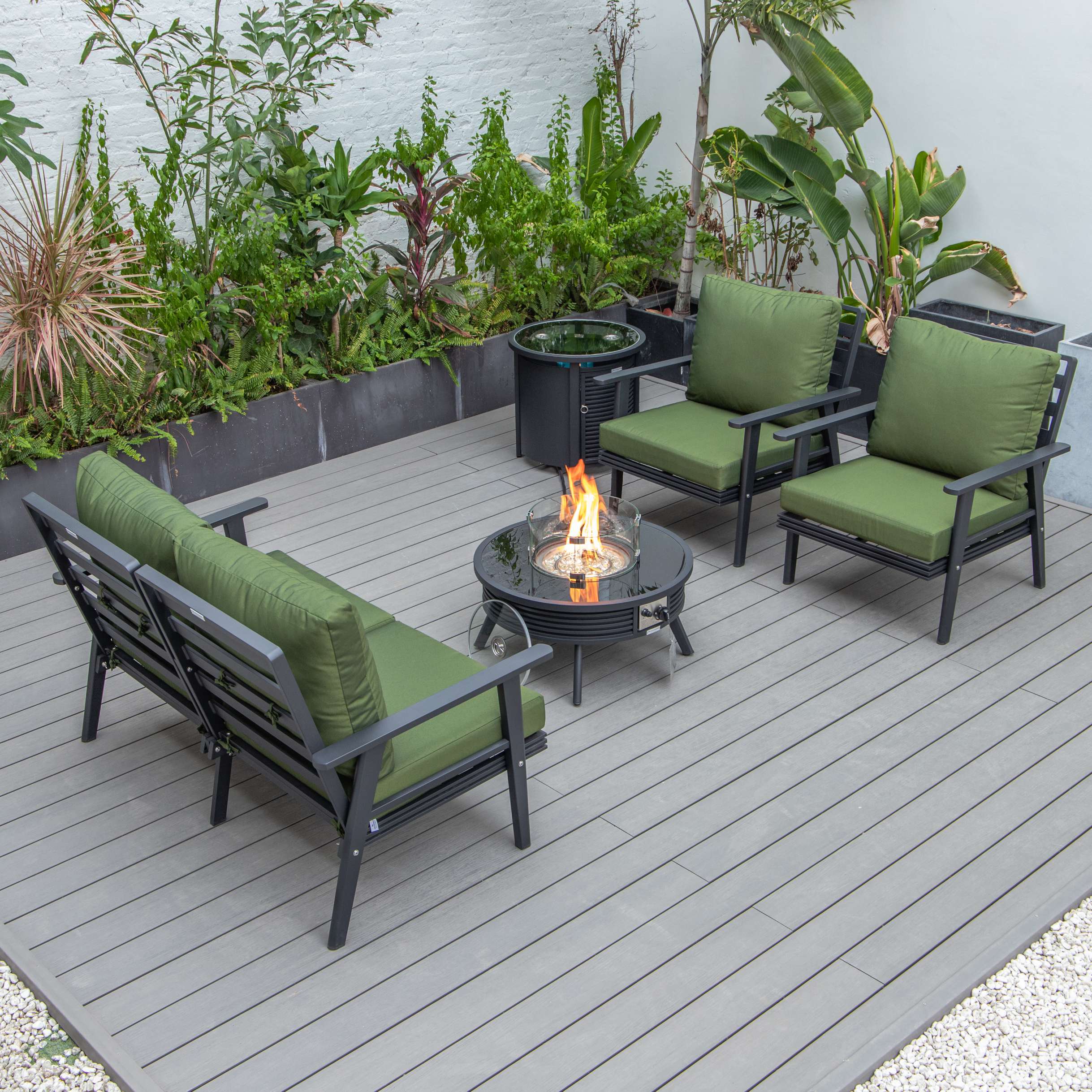 LeisureMod Walbrooke Modern Black Patio Conversation With Round Fire Pit & Tank Holder - Image 36