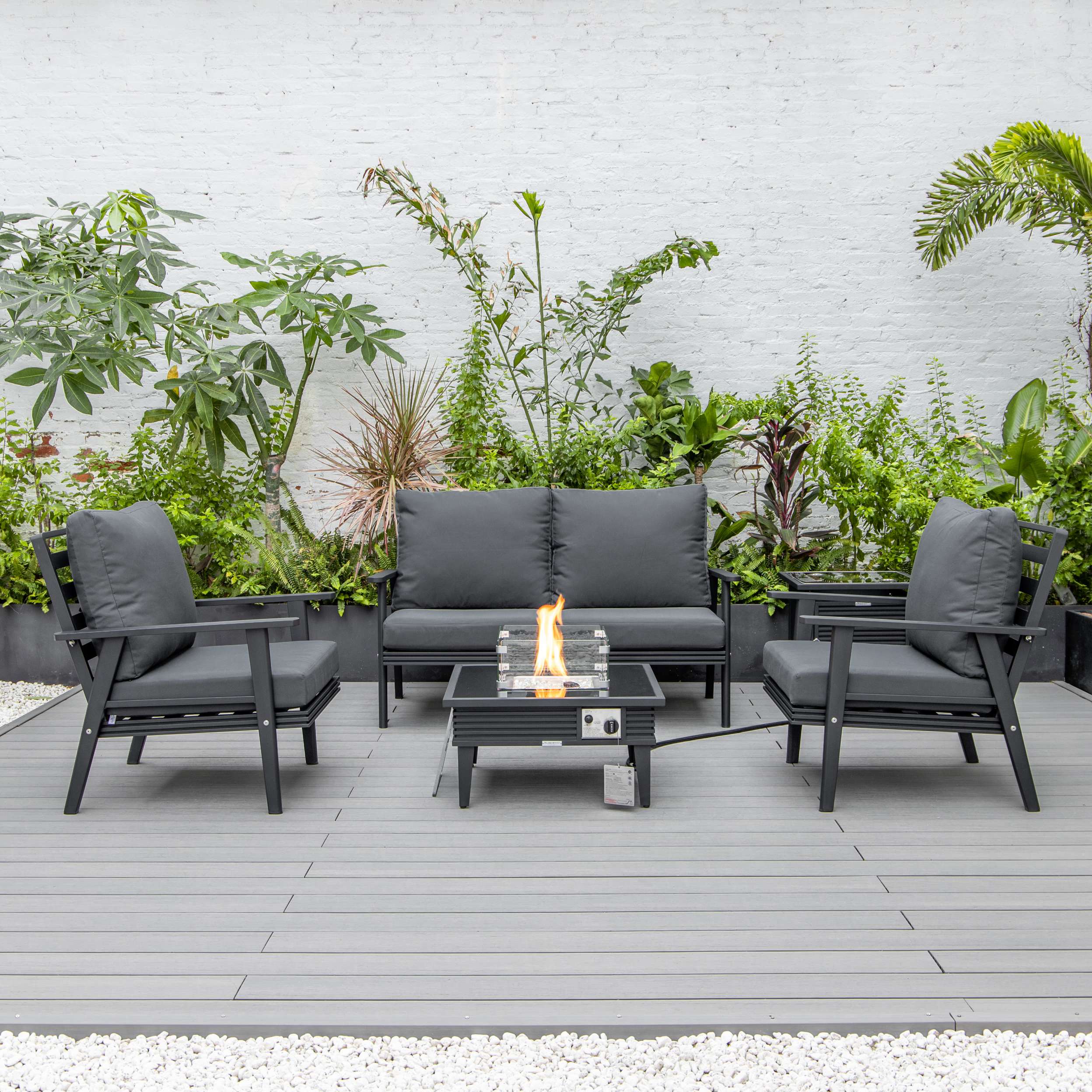 LeisureMod Walbrooke Modern Black Patio Conversation With Square Fire Pit With Slats Design & Tank Holder