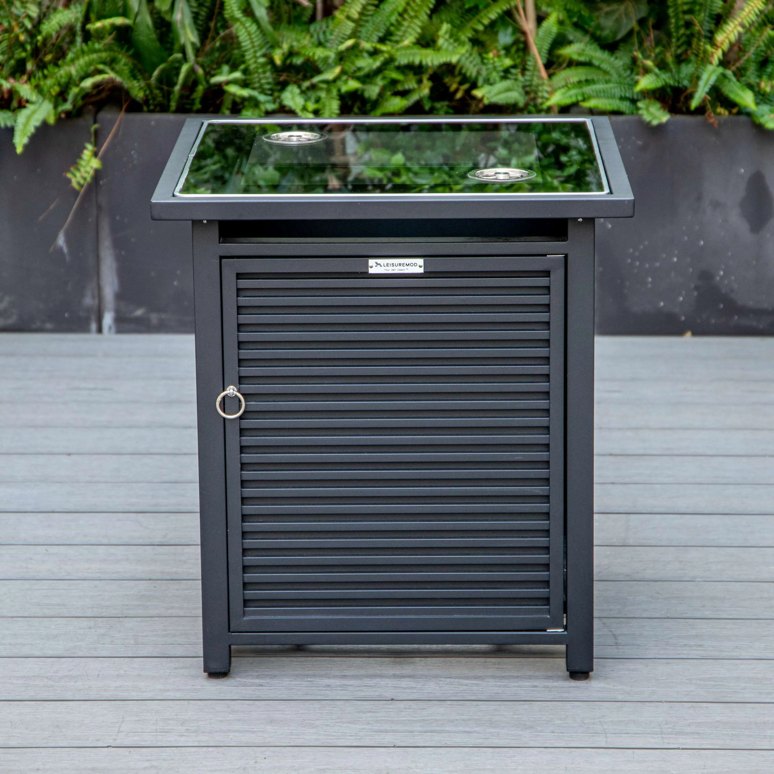 LeisureMod Walbrooke Modern Black Patio Conversation With Square Fire Pit With Slats Design & Tank Holder - Image 103