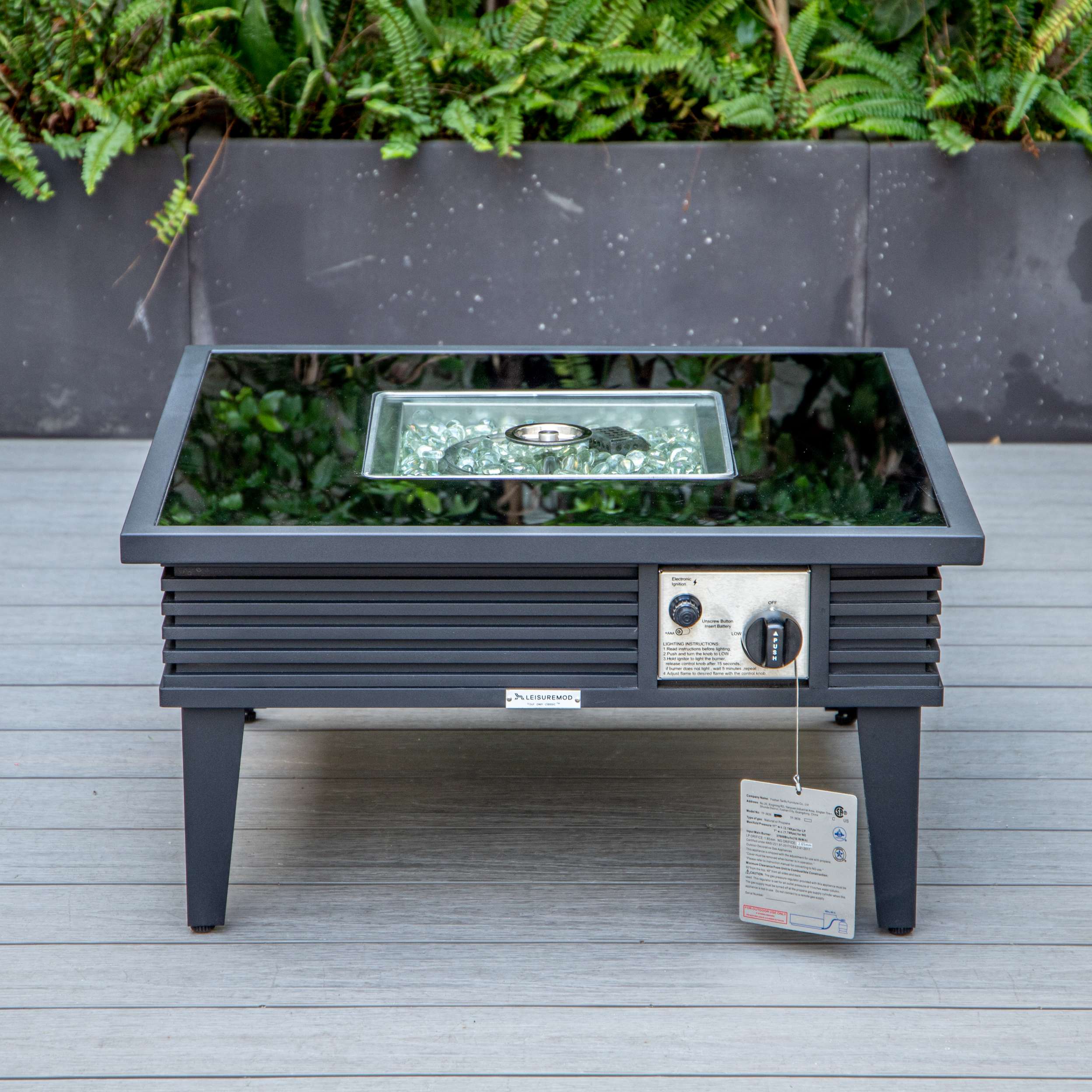 LeisureMod Walbrooke Modern Black Patio Conversation With Square Fire Pit With Slats Design & Tank Holder - Image 36