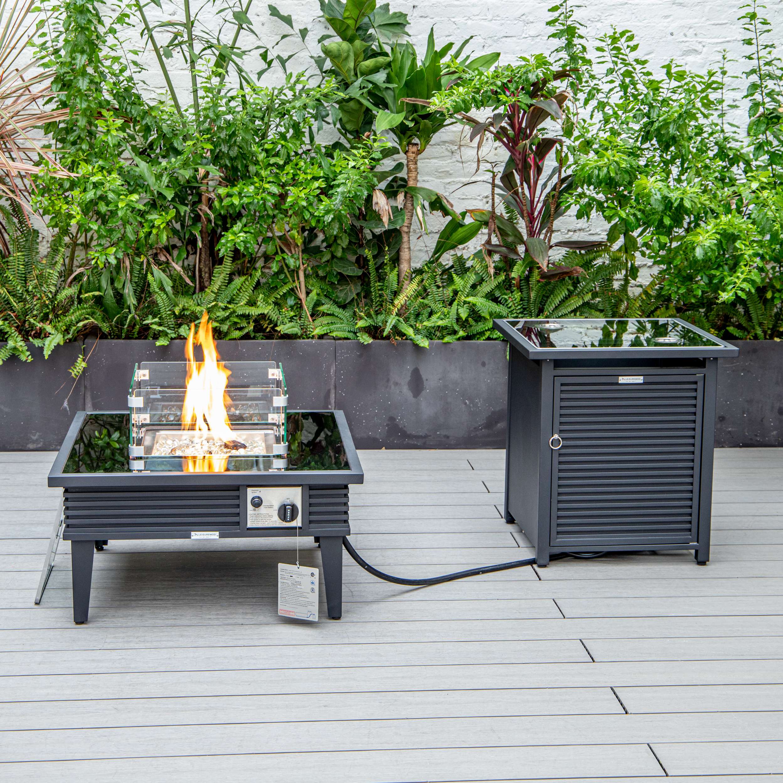 LeisureMod Walbrooke Modern Black Patio Conversation With Square Fire Pit With Slats Design & Tank Holder - Image 37