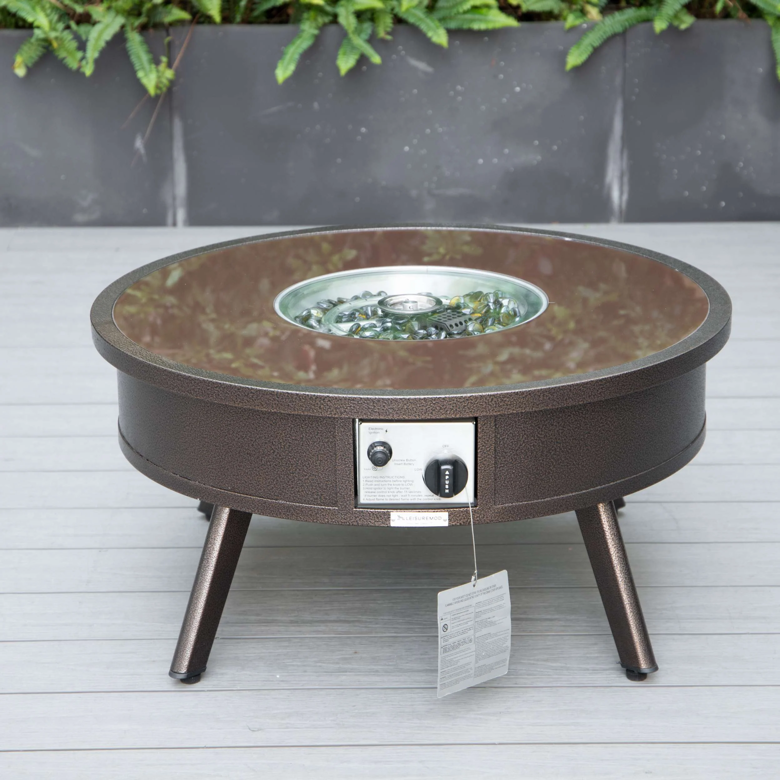 LeisureMod Walbrooke Modern Brown Patio Conversation With Round Fire Pit & Tank Holder - Image 50