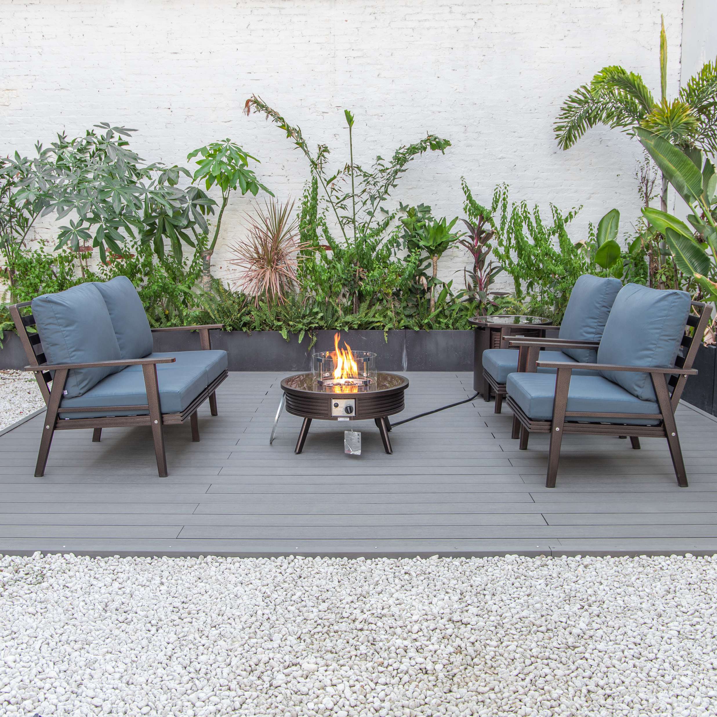 LeisureMod Walbrooke Modern Brown Patio Conversation With Round Fire Pit With Slats Design & Tank Holder - Image 12
