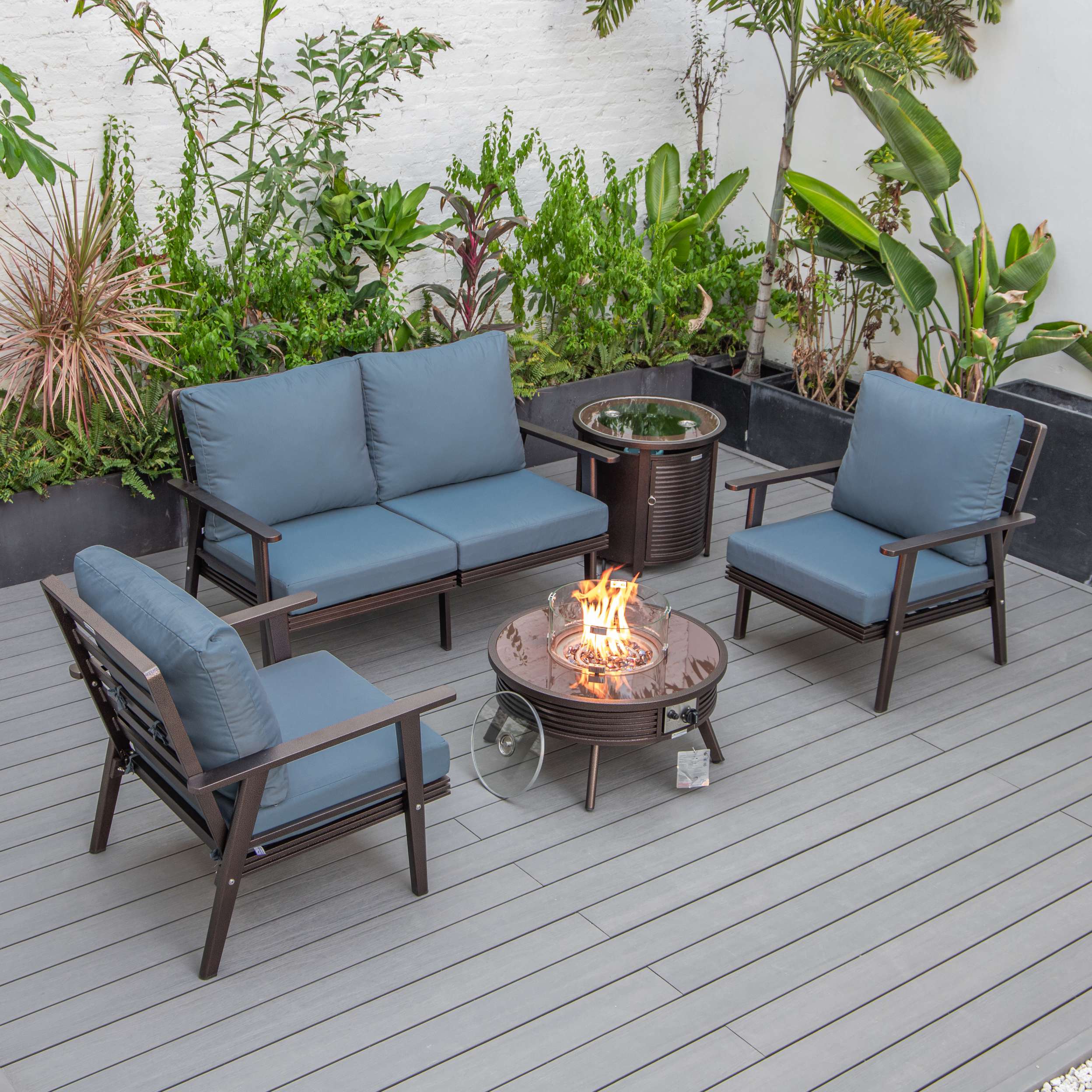 LeisureMod Walbrooke Modern Brown Patio Conversation With Round Fire Pit With Slats Design & Tank Holder - Image 14