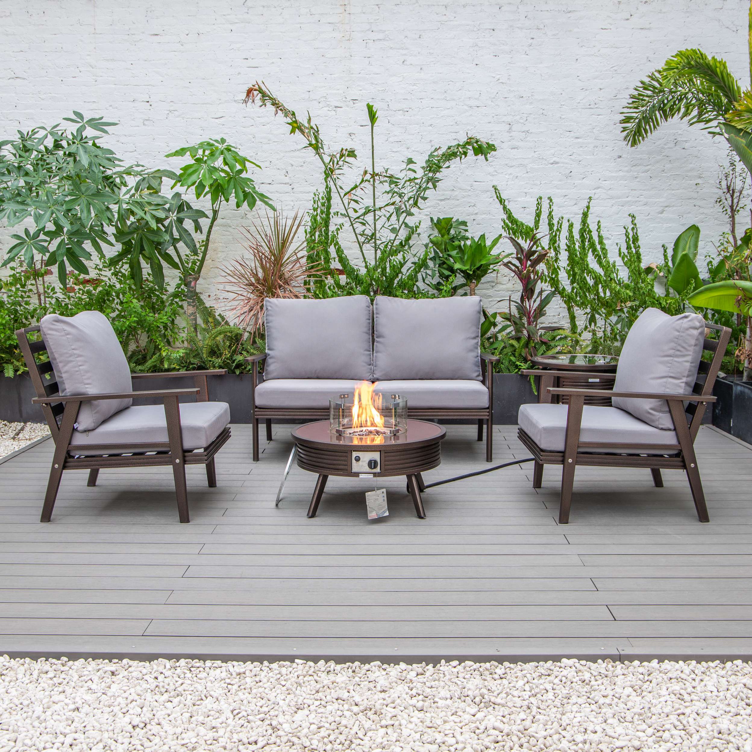 LeisureMod Walbrooke Modern Brown Patio Conversation With Round Fire Pit With Slats Design & Tank Holder - Image 35