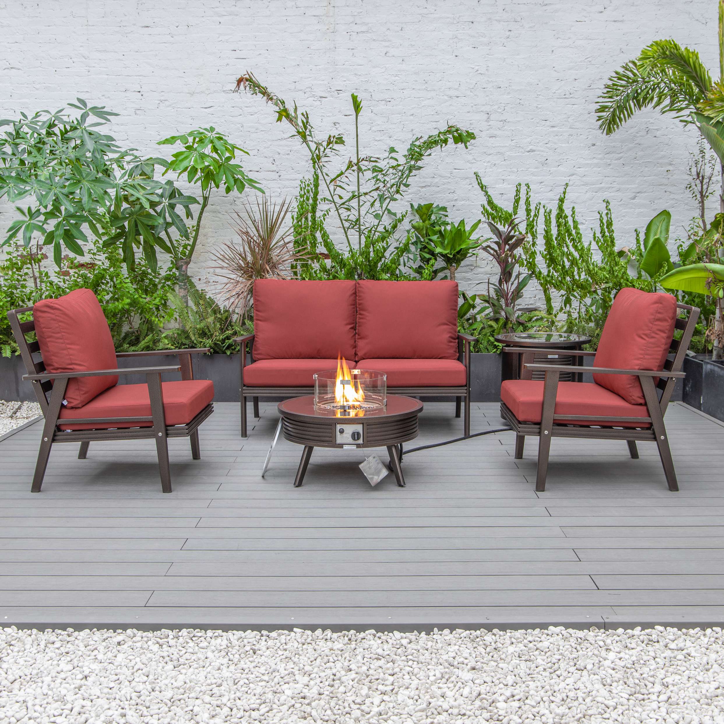 LeisureMod Walbrooke Modern Brown Patio Conversation With Round Fire Pit With Slats Design & Tank Holder - Image 47