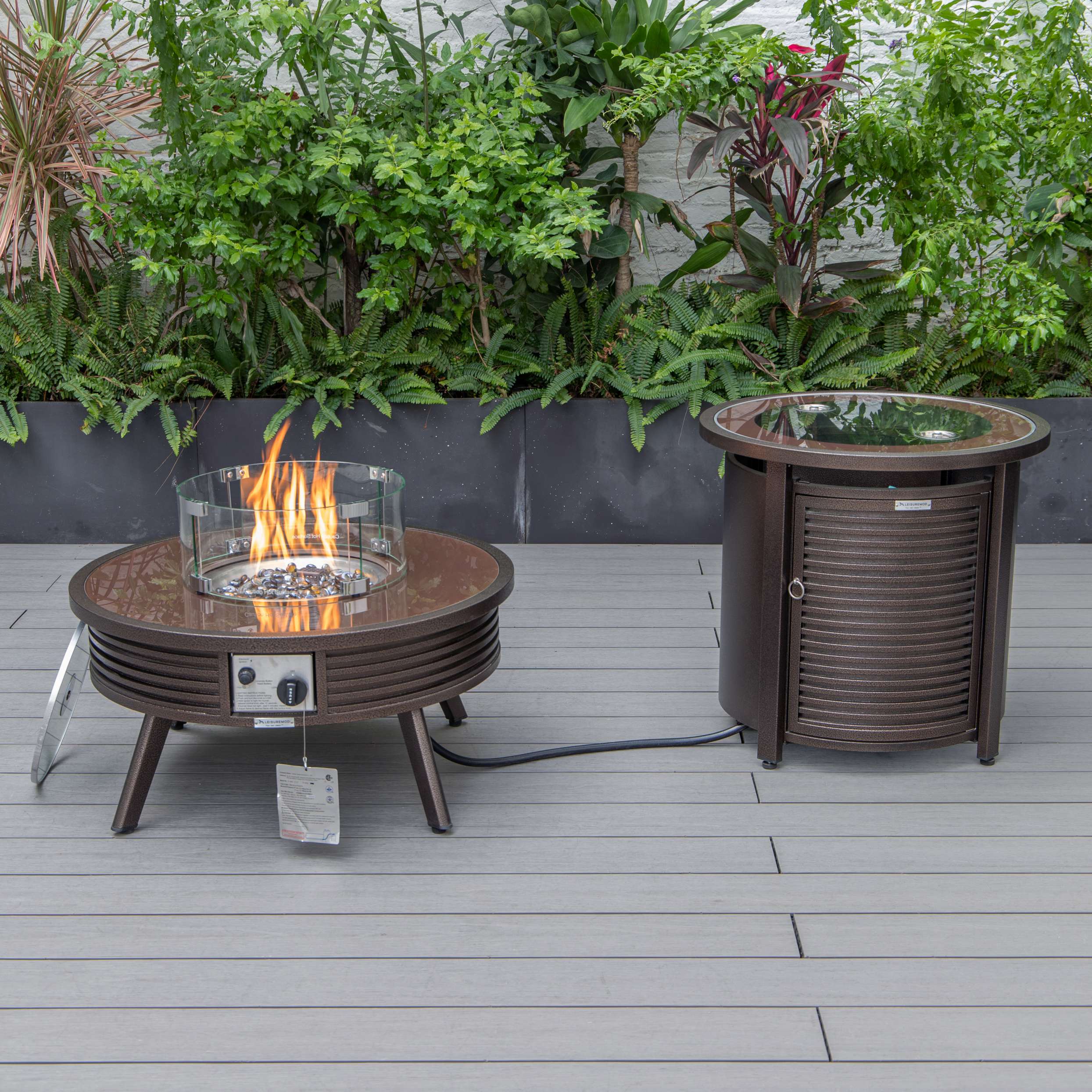 LeisureMod Walbrooke Modern Brown Patio Conversation With Round Fire Pit With Slats Design & Tank Holder - Image 9