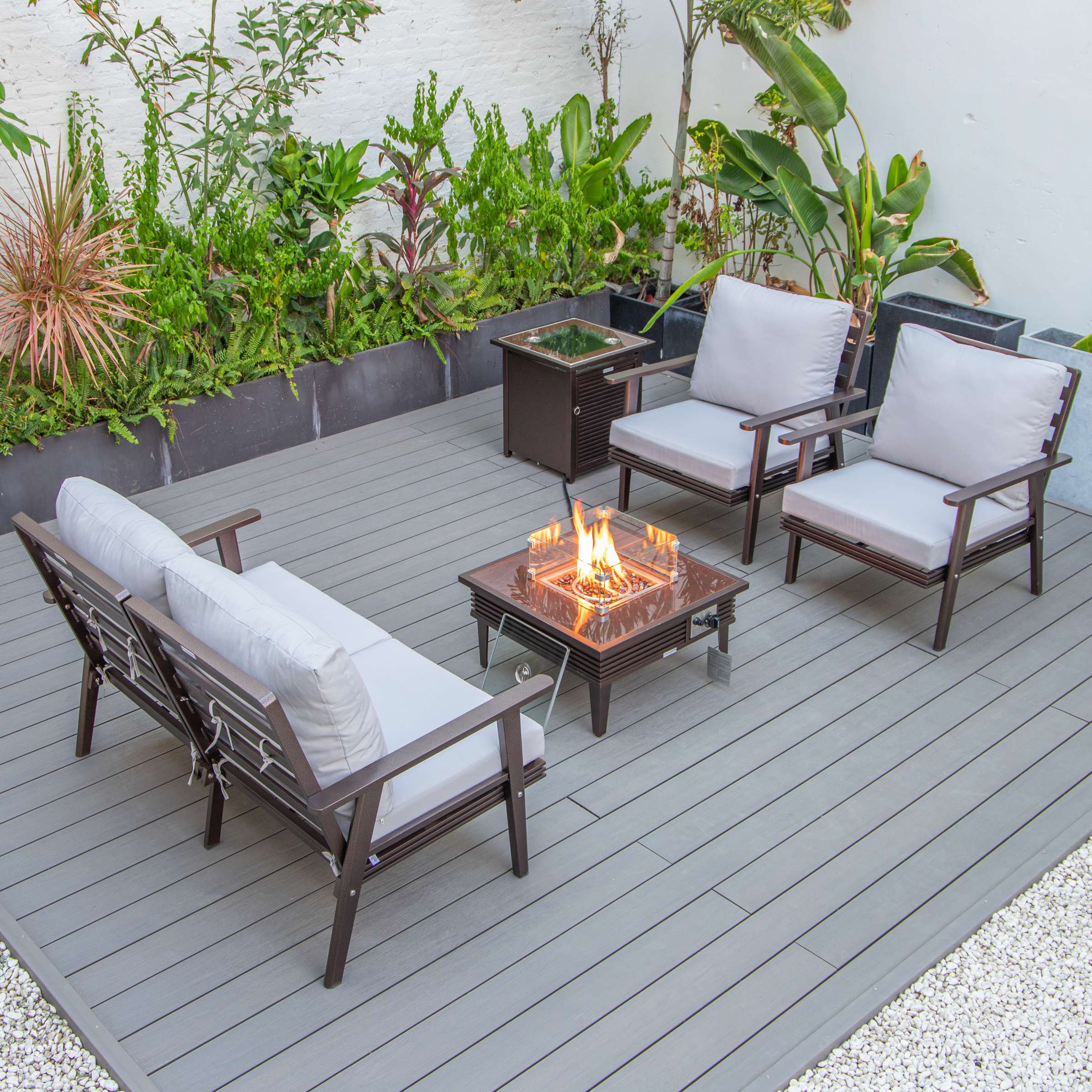 LeisureMod Walbrooke Modern Brown Patio Conversation With Square Fire Pit & Tank Holder - Image 103