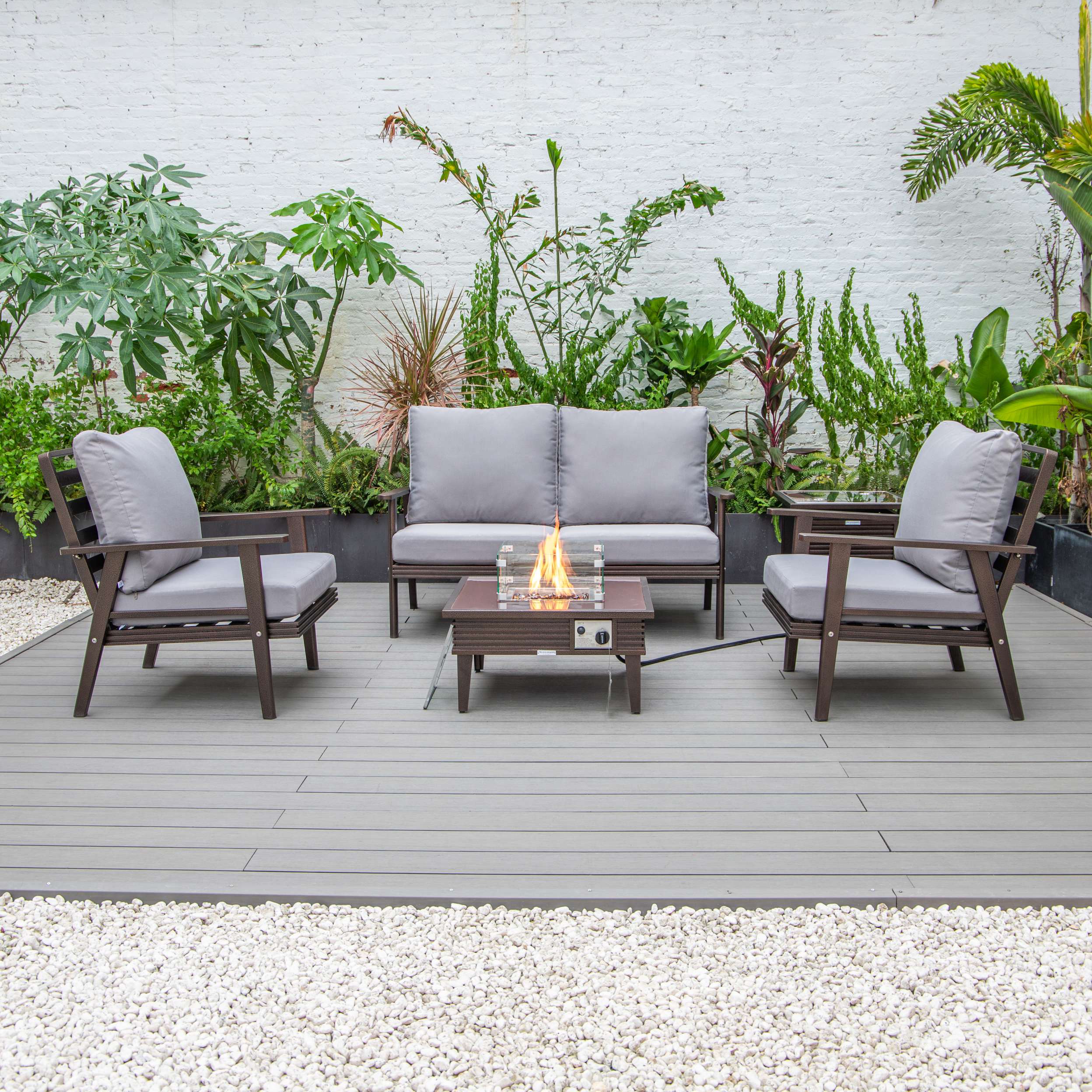 LeisureMod Walbrooke Modern Brown Patio Conversation With Square Fire Pit & Tank Holder - Image 145