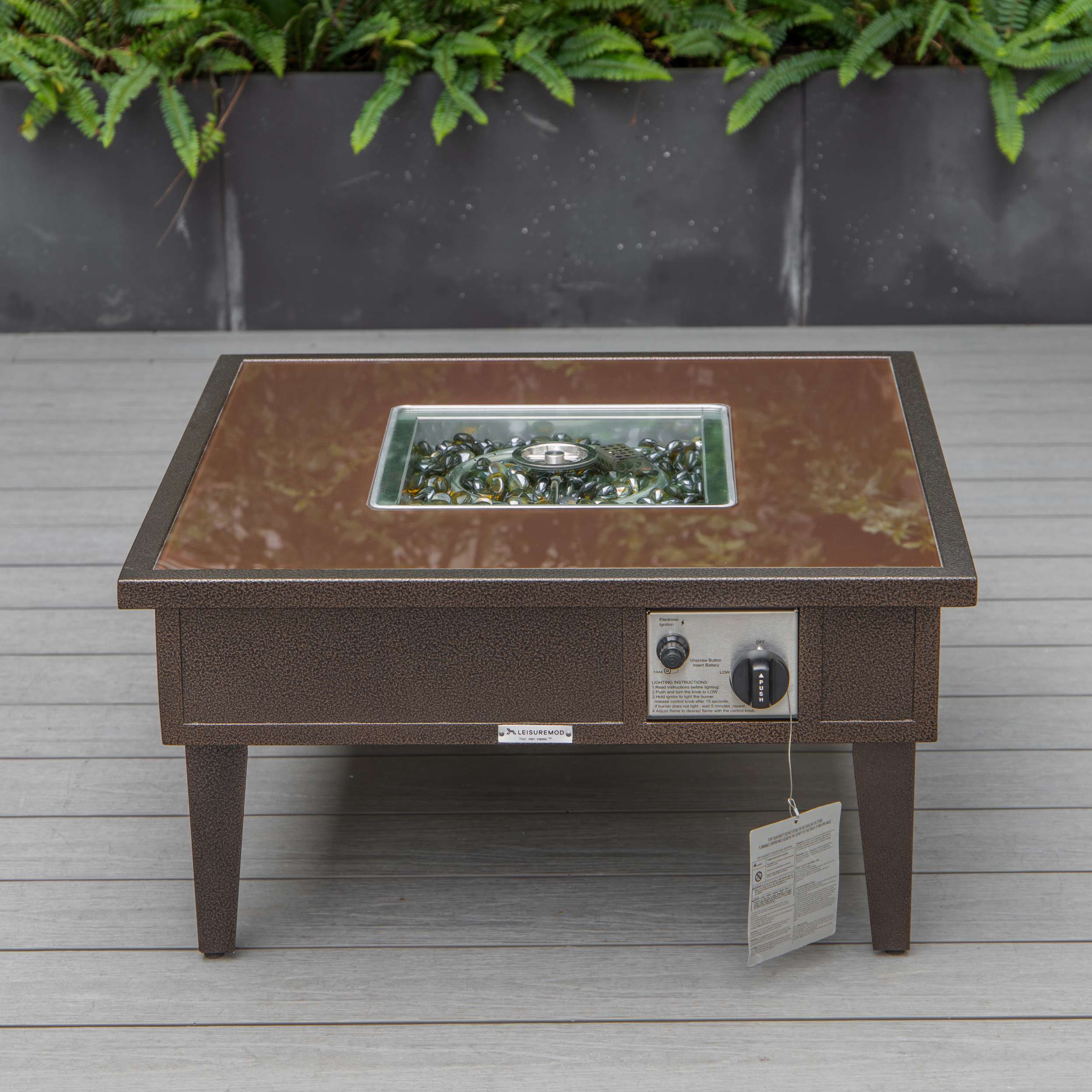 LeisureMod Walbrooke Modern Brown Patio Conversation With Square Fire Pit & Tank Holder - Image 58