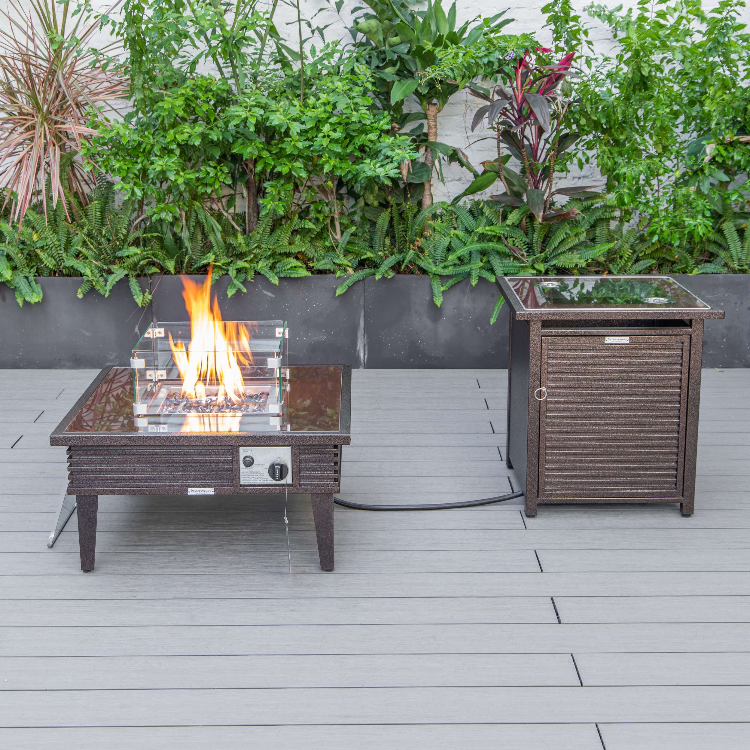LeisureMod Walbrooke Modern Brown Patio Conversation With Square Fire Pit & Tank Holder - Image 65