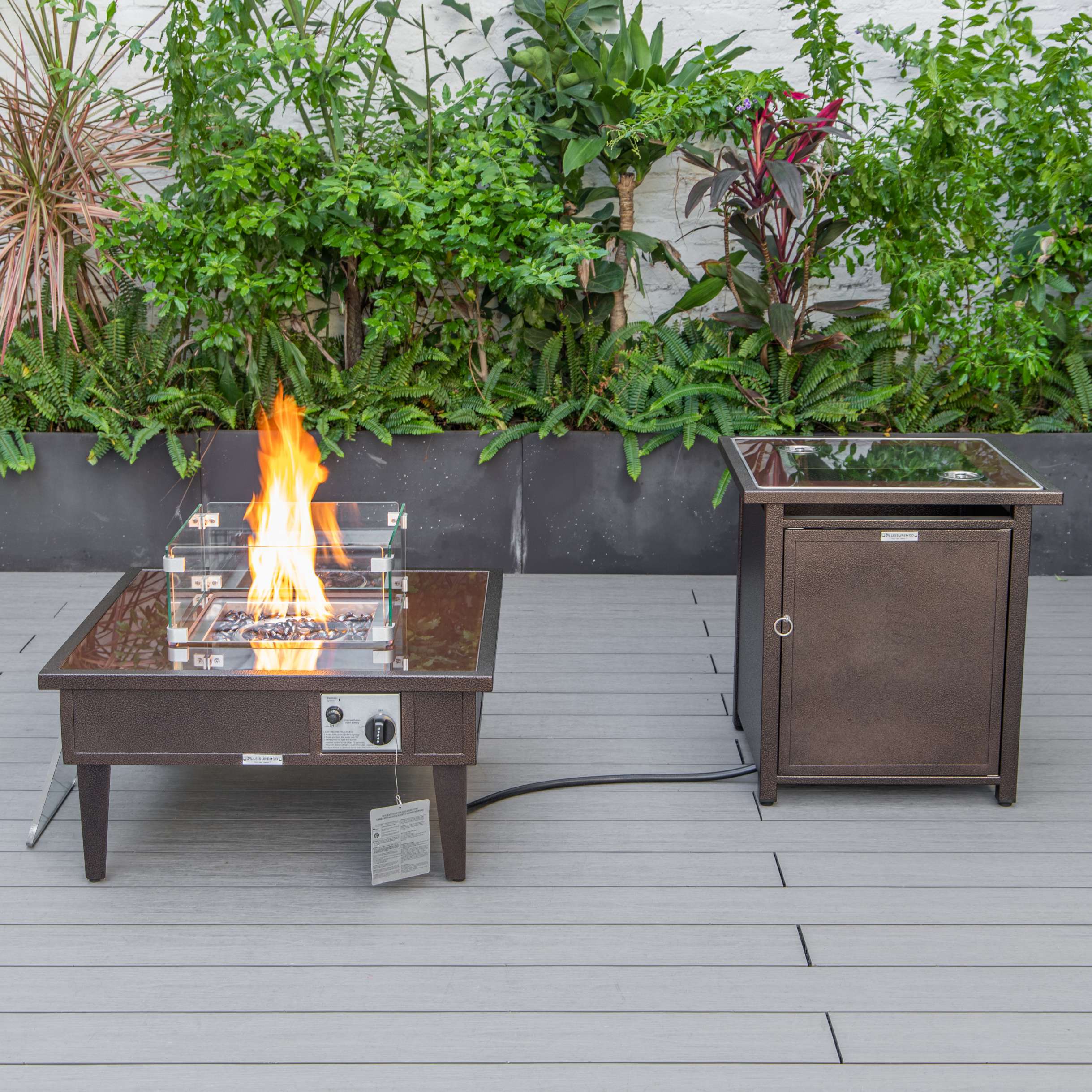 LeisureMod Walbrooke Modern Brown Patio Conversation With Square Fire Pit & Tank Holder - Image 71