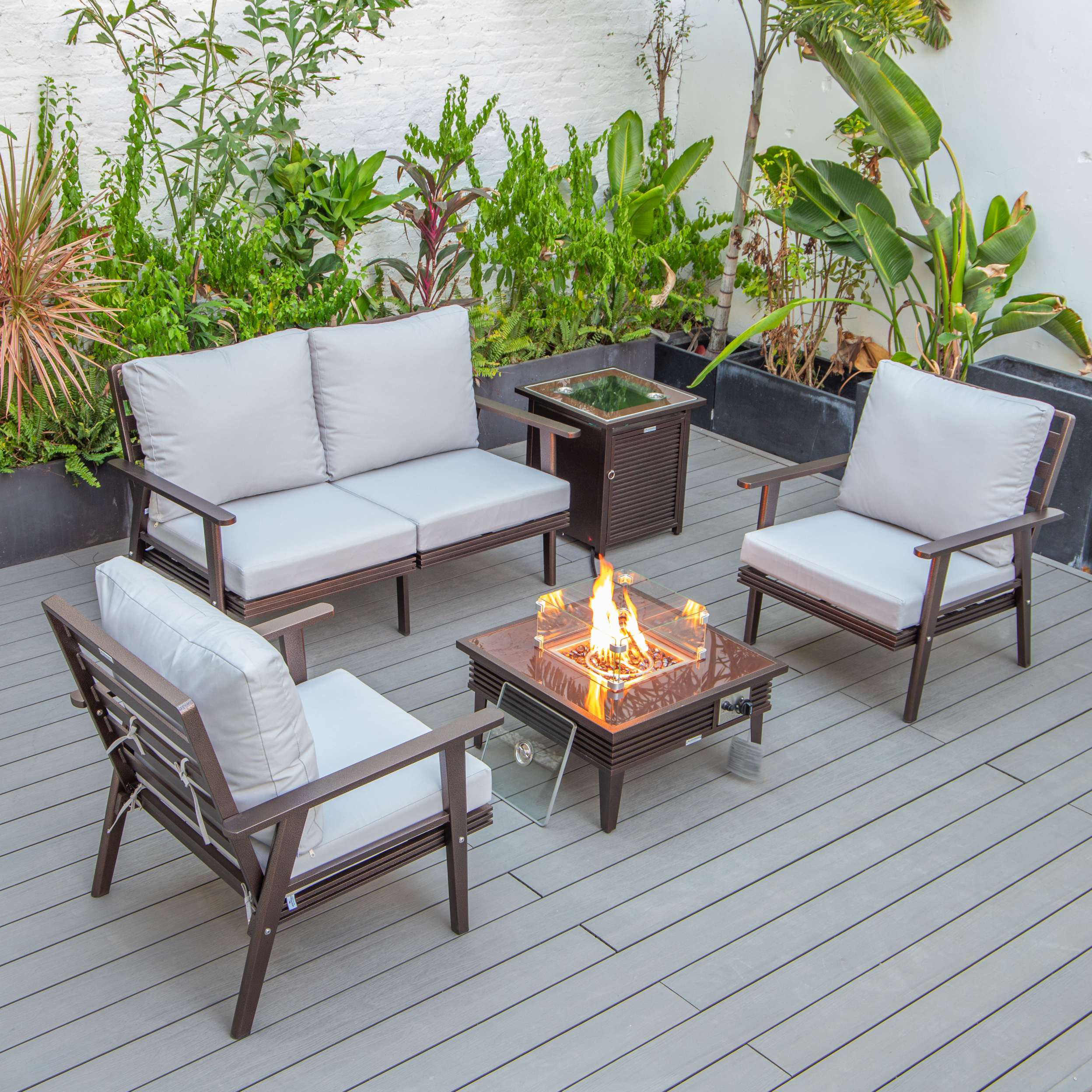 LeisureMod Walbrooke Modern Brown Patio Conversation With Square Fire Pit With Slats Design & Tank Holder - Image 51