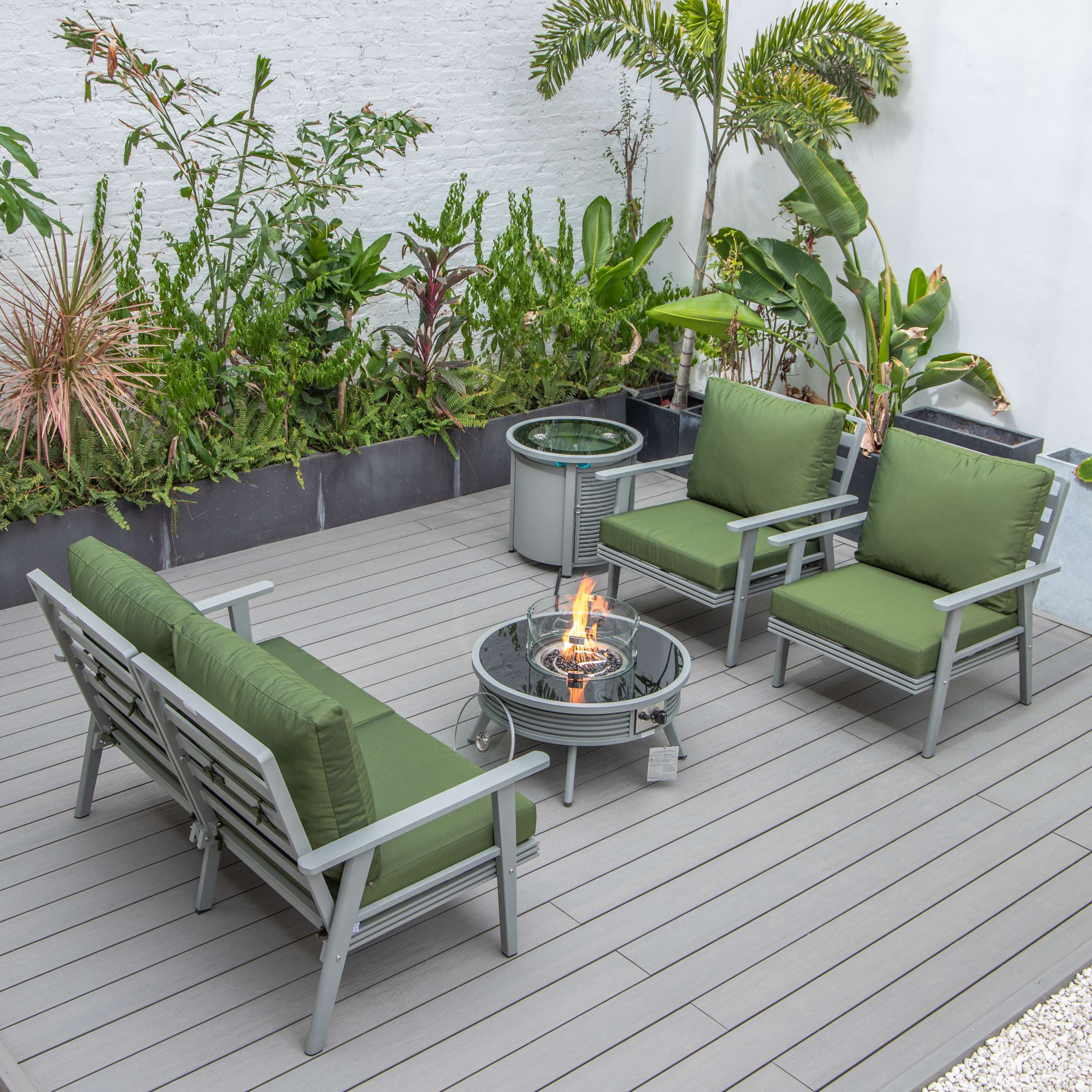 LeisureMod Walbrooke Modern Grey Patio Conversation With Round Fire Pit & Tank Holder - Image 33