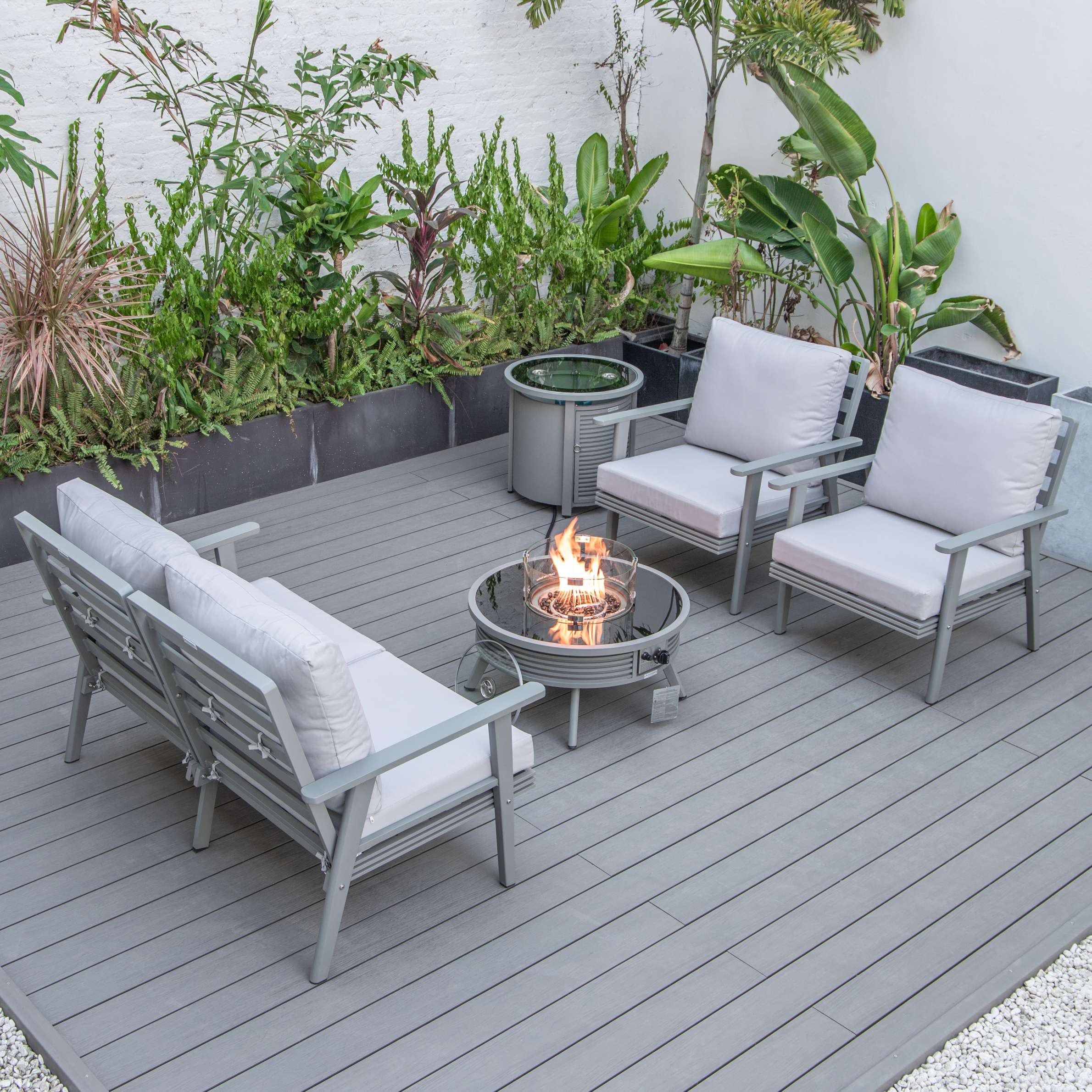 LeisureMod Walbrooke Modern Grey Patio Conversation With Round Fire Pit & Tank Holder - Image 49