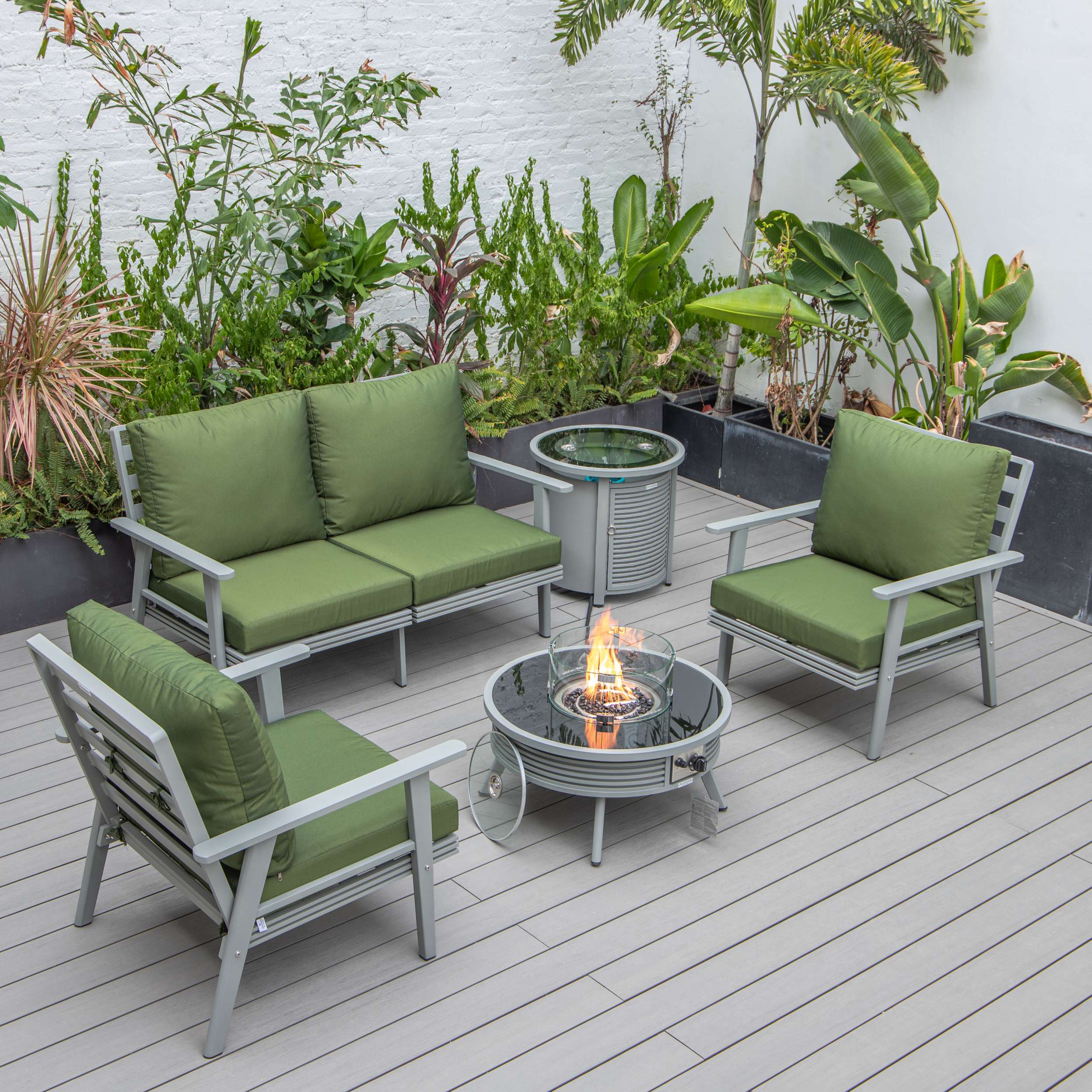 LeisureMod Walbrooke Modern Grey Patio Conversation With Round Fire Pit With Slats Design & Tank Holder - Image 44