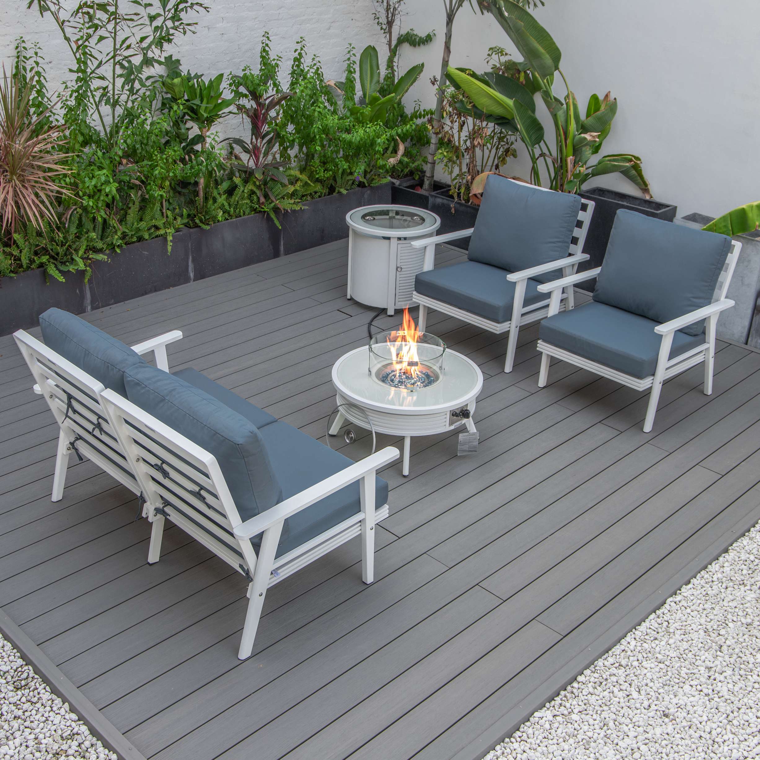 LeisureMod Walbrooke Modern White Patio Conversation With Round Fire Pit & Tank Holder - Image 69