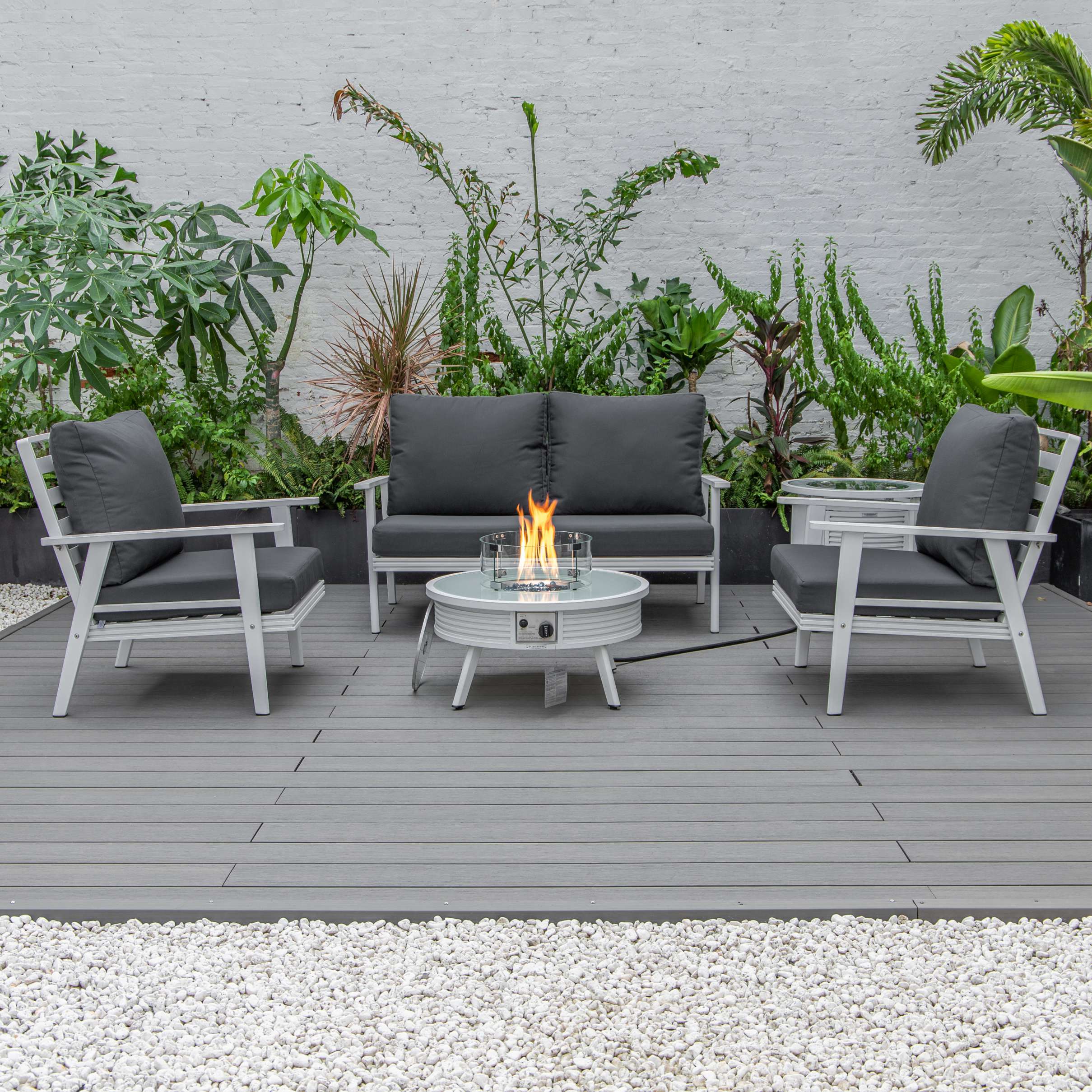 LeisureMod Walbrooke Modern White Patio Conversation With Round Fire Pit With Slats Design & Tank Holder - Image 12