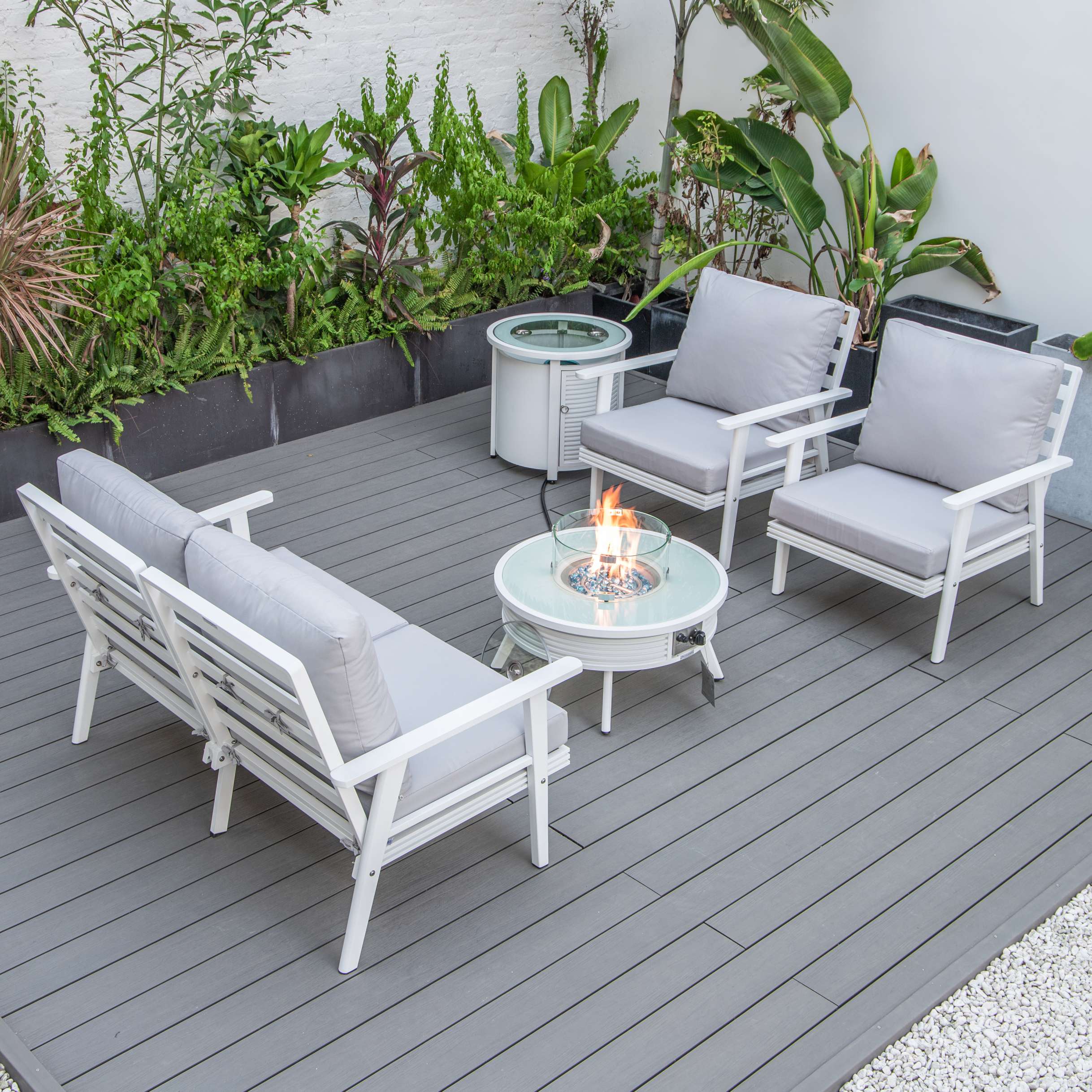 LeisureMod Walbrooke Modern White Patio Conversation With Round Fire Pit With Slats Design & Tank Holder - Image 58