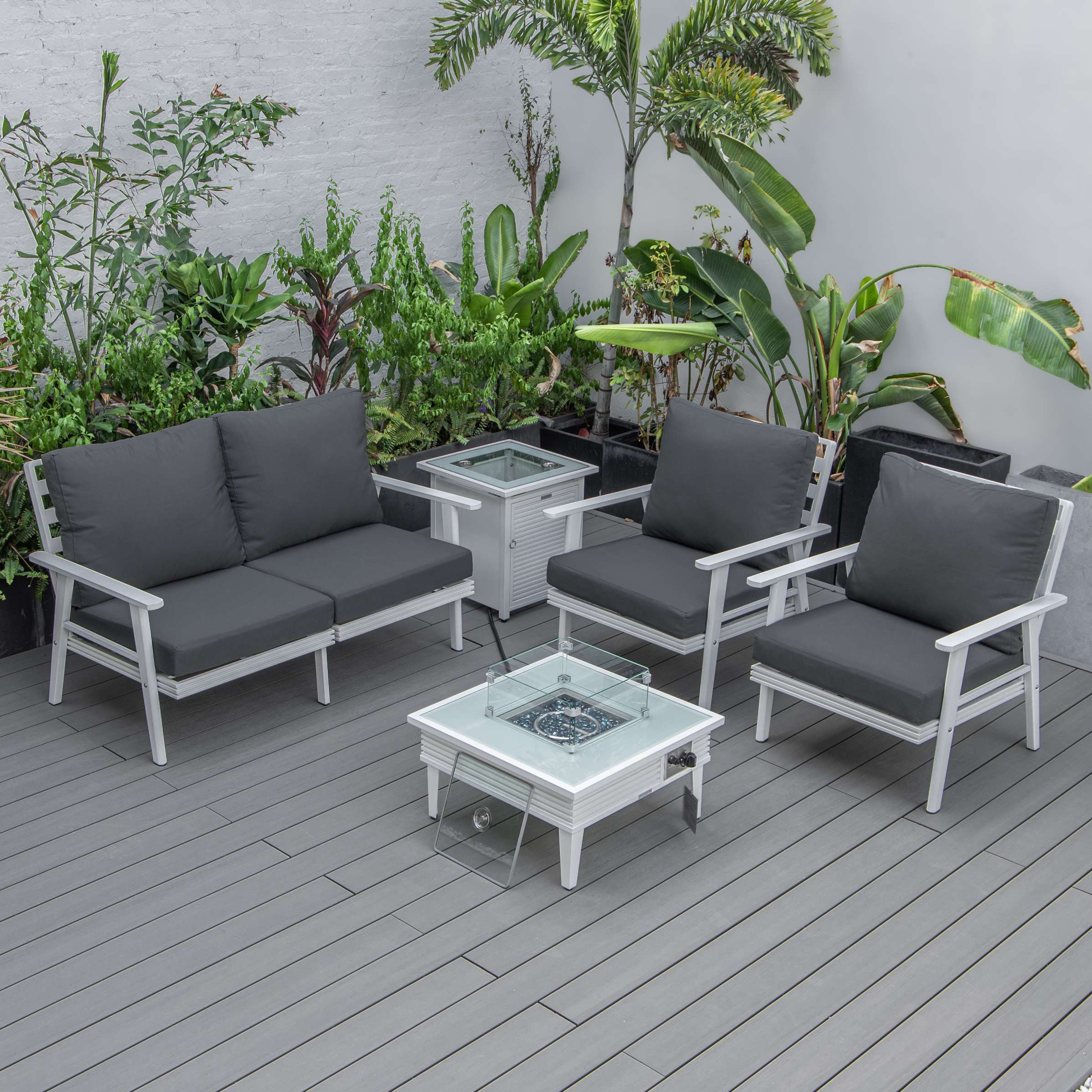 LeisureMod Walbrooke Modern White Patio Conversation With Square Fire Pit With Slats Design & Tank Holder - Image 2