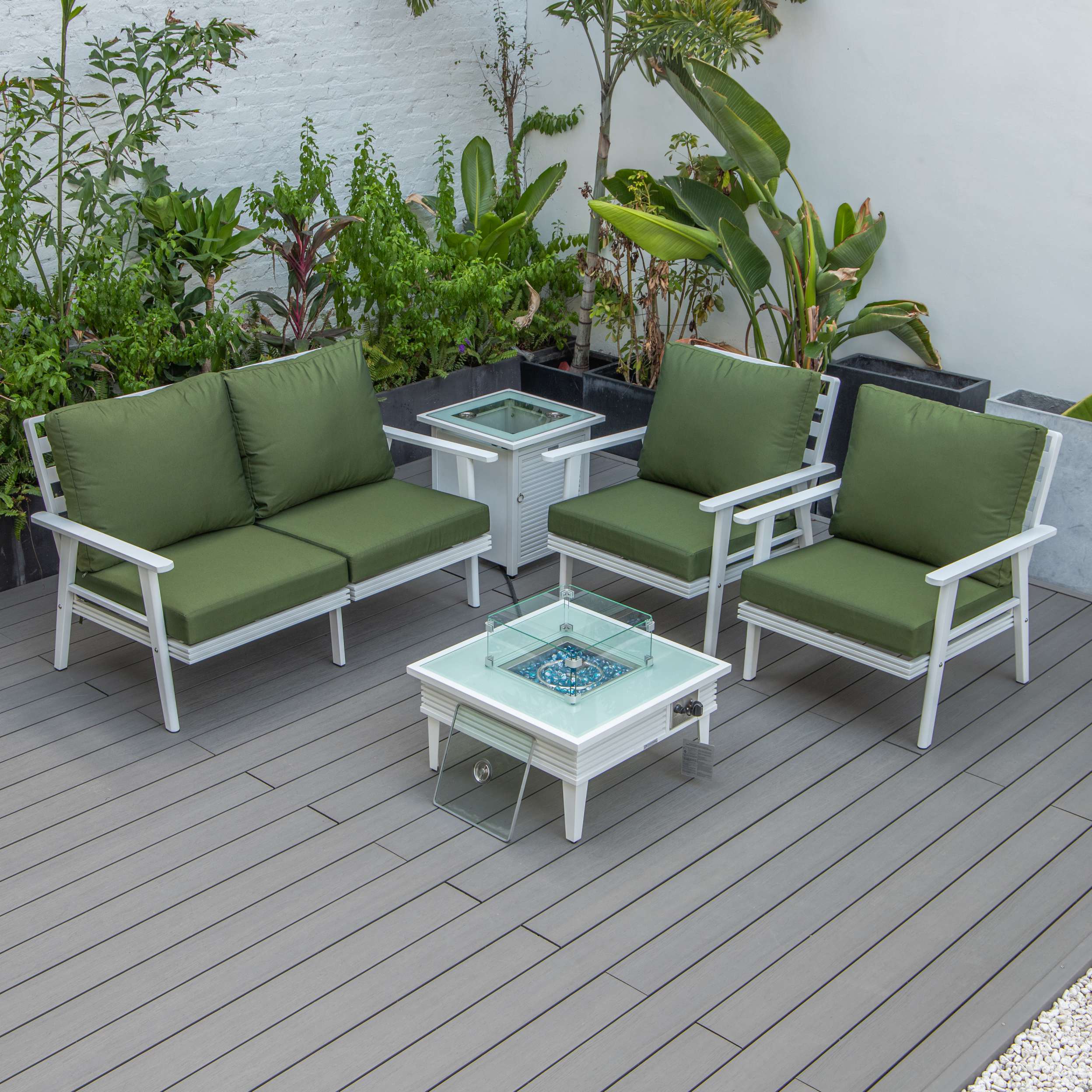LeisureMod Walbrooke Modern White Patio Conversation With Square Fire Pit With Slats Design & Tank Holder - Image 40