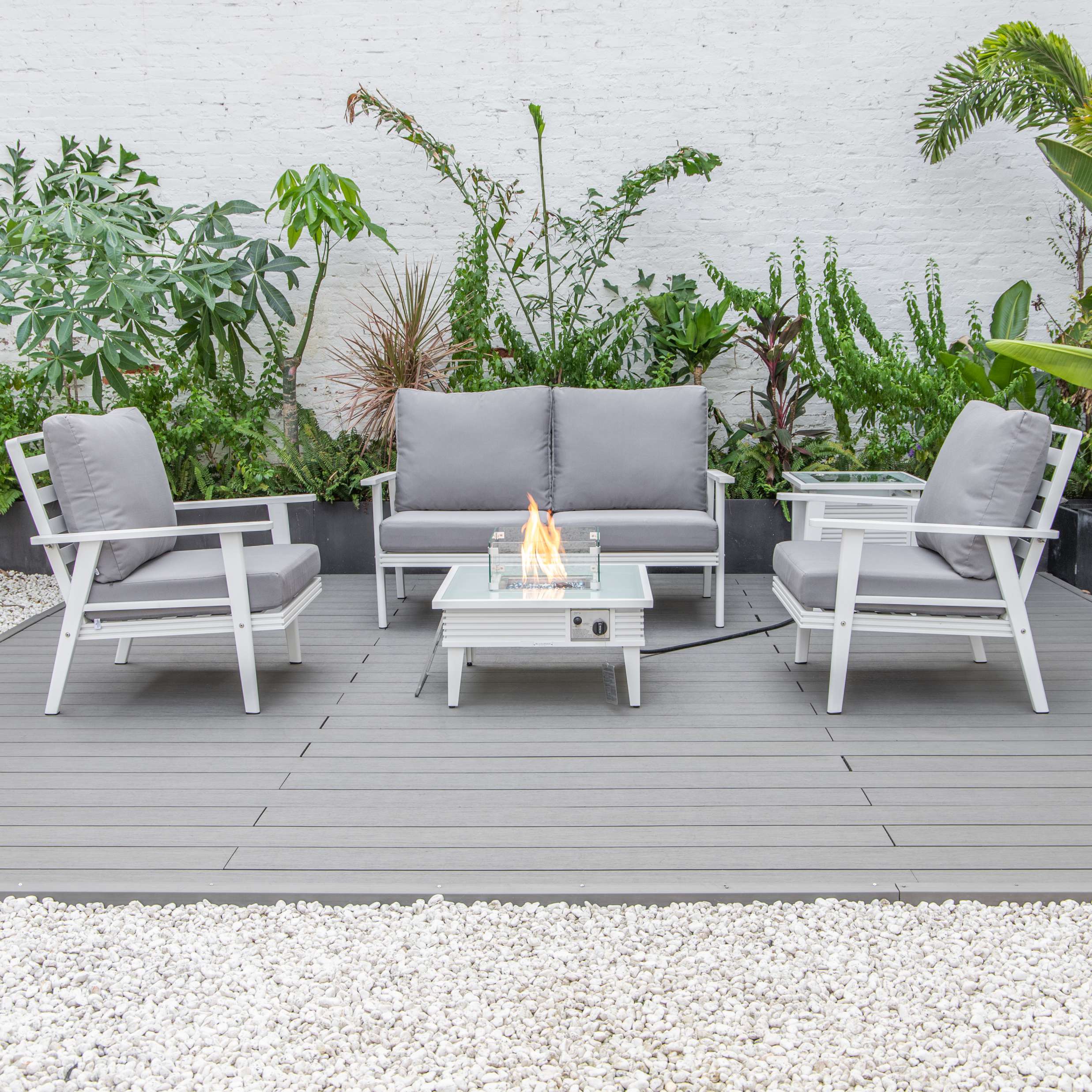 LeisureMod Walbrooke Modern White Patio Conversation With Square Fire Pit With Slats Design & Tank Holder - Image 61