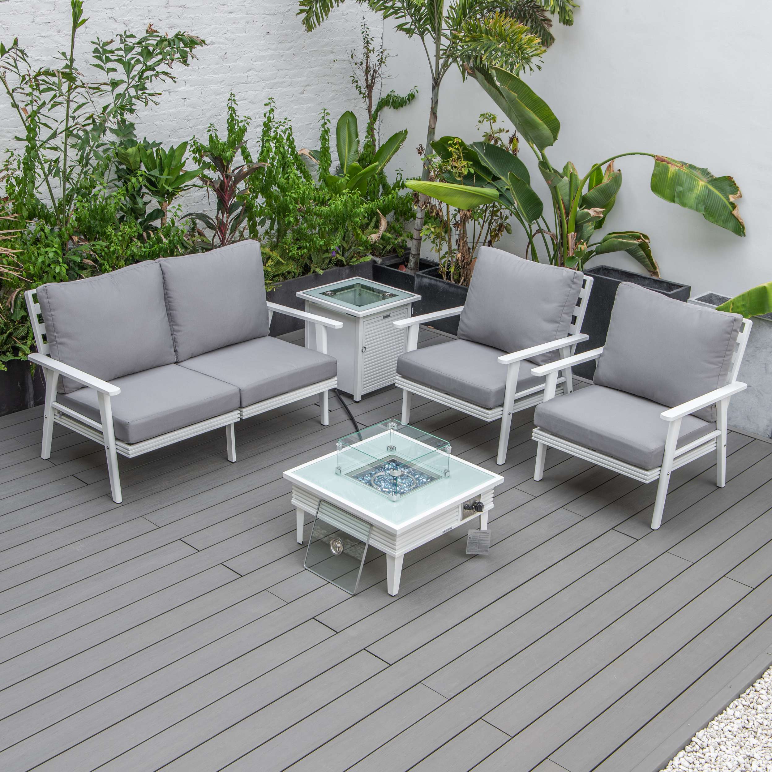 LeisureMod Walbrooke Modern White Patio Conversation With Square Fire Pit With Slats Design & Tank Holder - Image 67