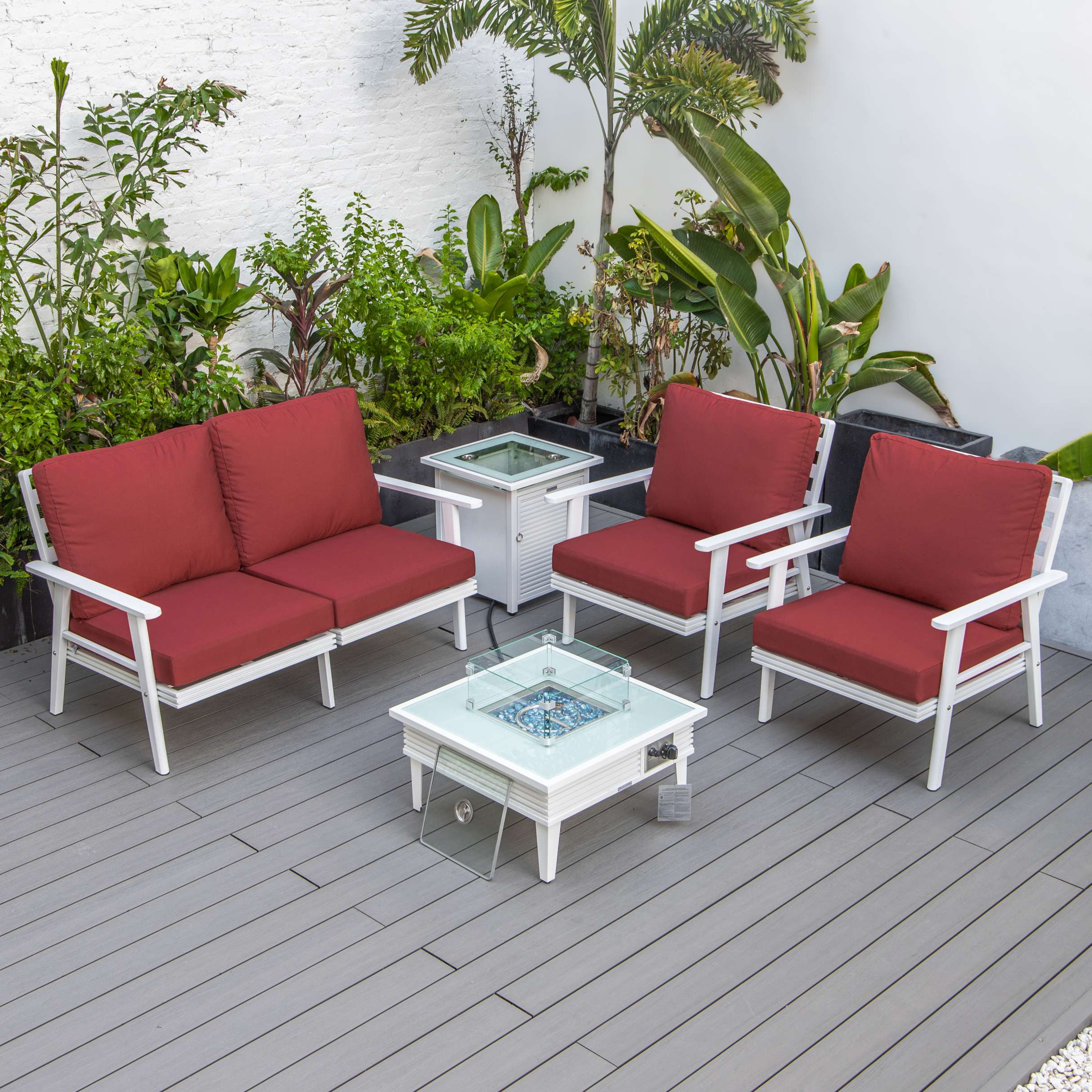 LeisureMod Walbrooke Modern White Patio Conversation With Square Fire Pit With Slats Design & Tank Holder - Image 82