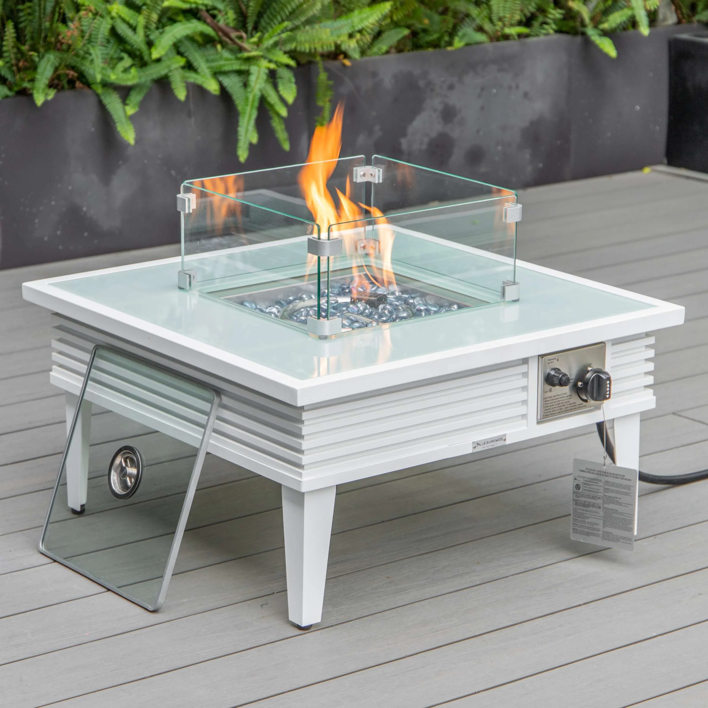 LeisureMod Walbrooke Modern White Patio Conversation With Square Fire Pit With Slats Design & Tank Holder - Image 9