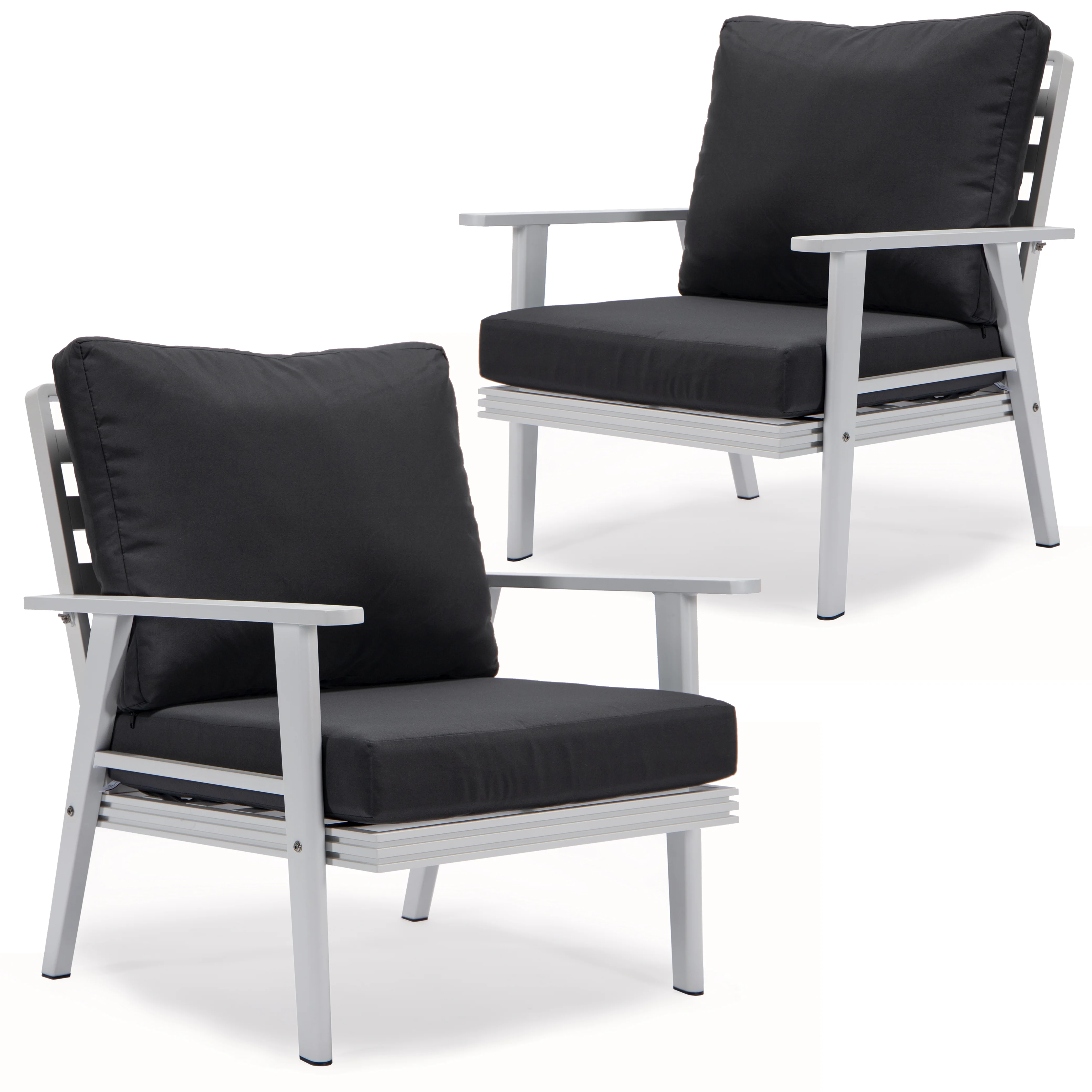 LeisureMod Walbrooke Outdoor Patio White Aluminum Armchairs With Cushions Set Of 2