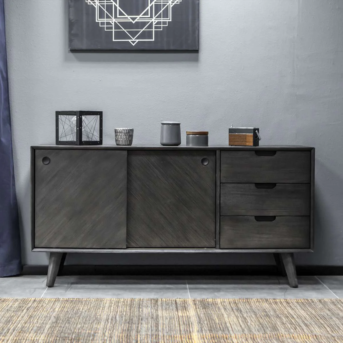 Leven Mid-Century Tundra Gray Acacia Buffet Cabinet By Armen Living
