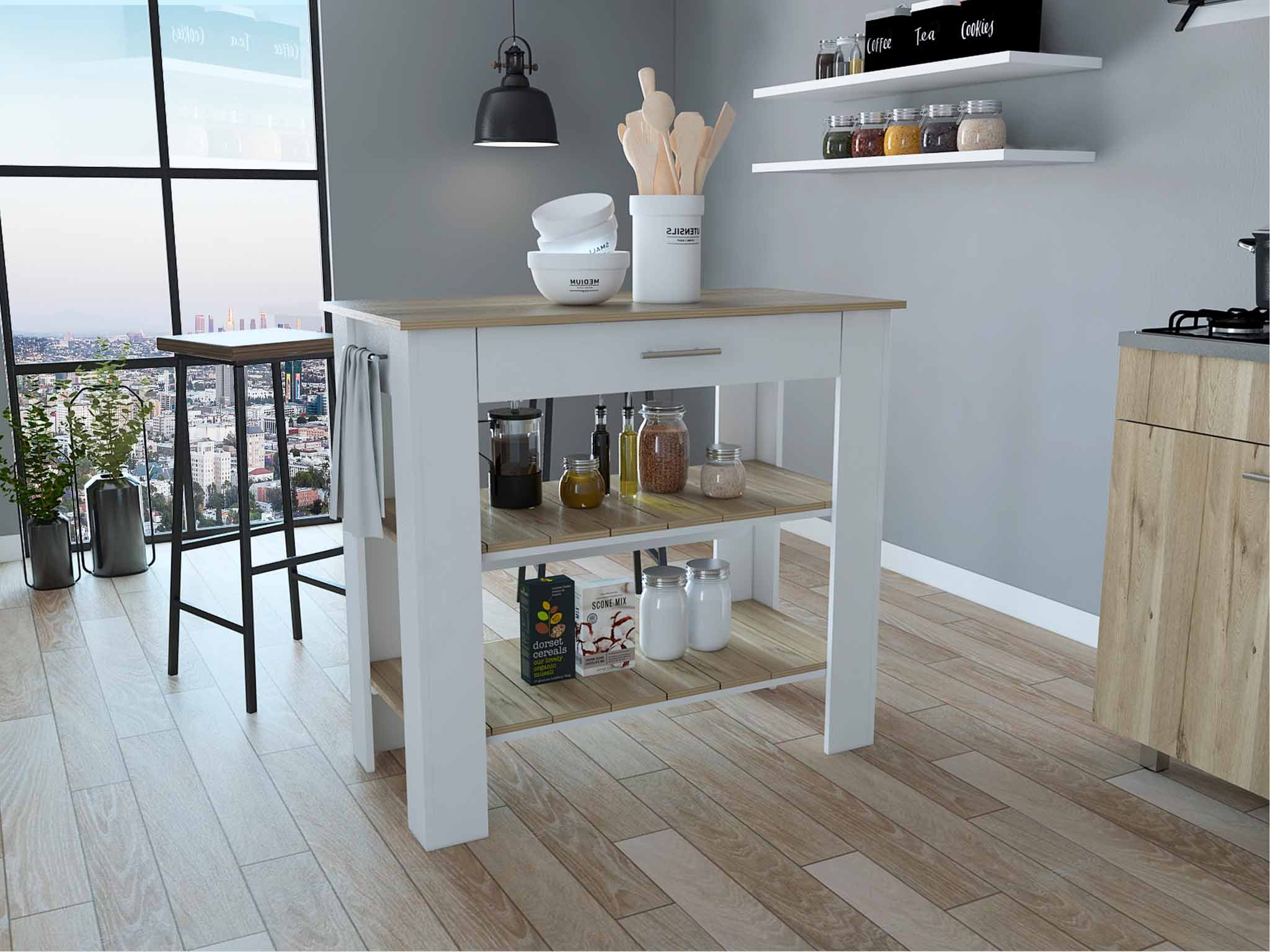 Light Oak and White Kitchen Island with Drawer and Two Open Shelves By Homeroots