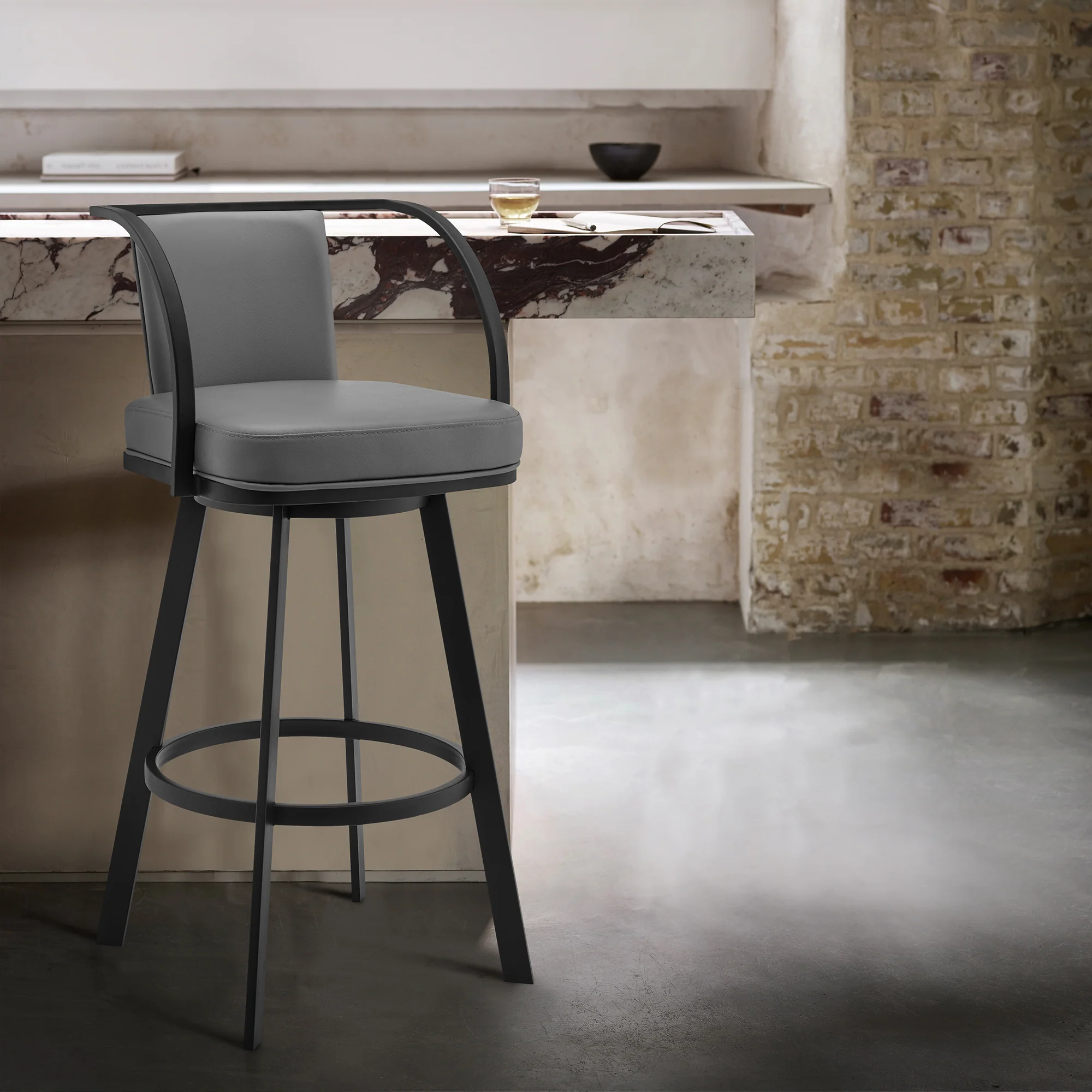Livingston 26" Gray Faux Leather and Black Metal Swivel Bar Stool By Armen Living