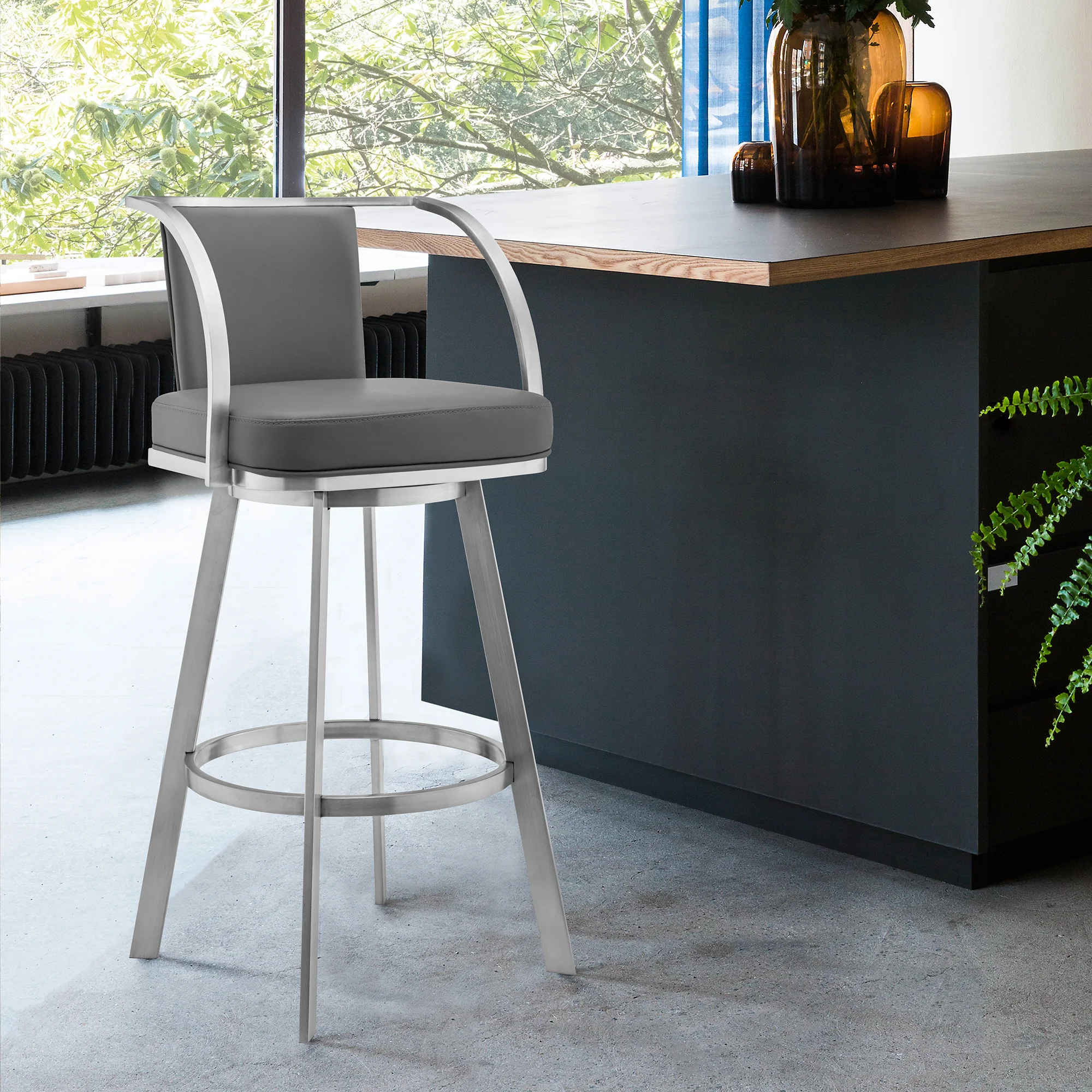 Livingston 26" Gray Faux Leather and Brushed Stainless Steel Swivel Bar Stool By Armen Living