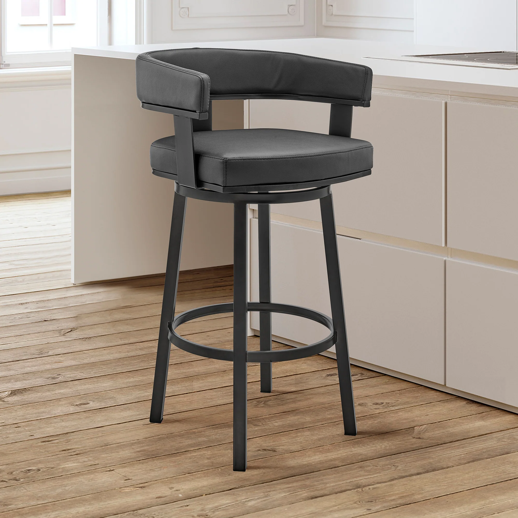 Lorin 30" Bar Height Swivel Bar Stool in Black Finish and Black Faux Leather By Armen Living