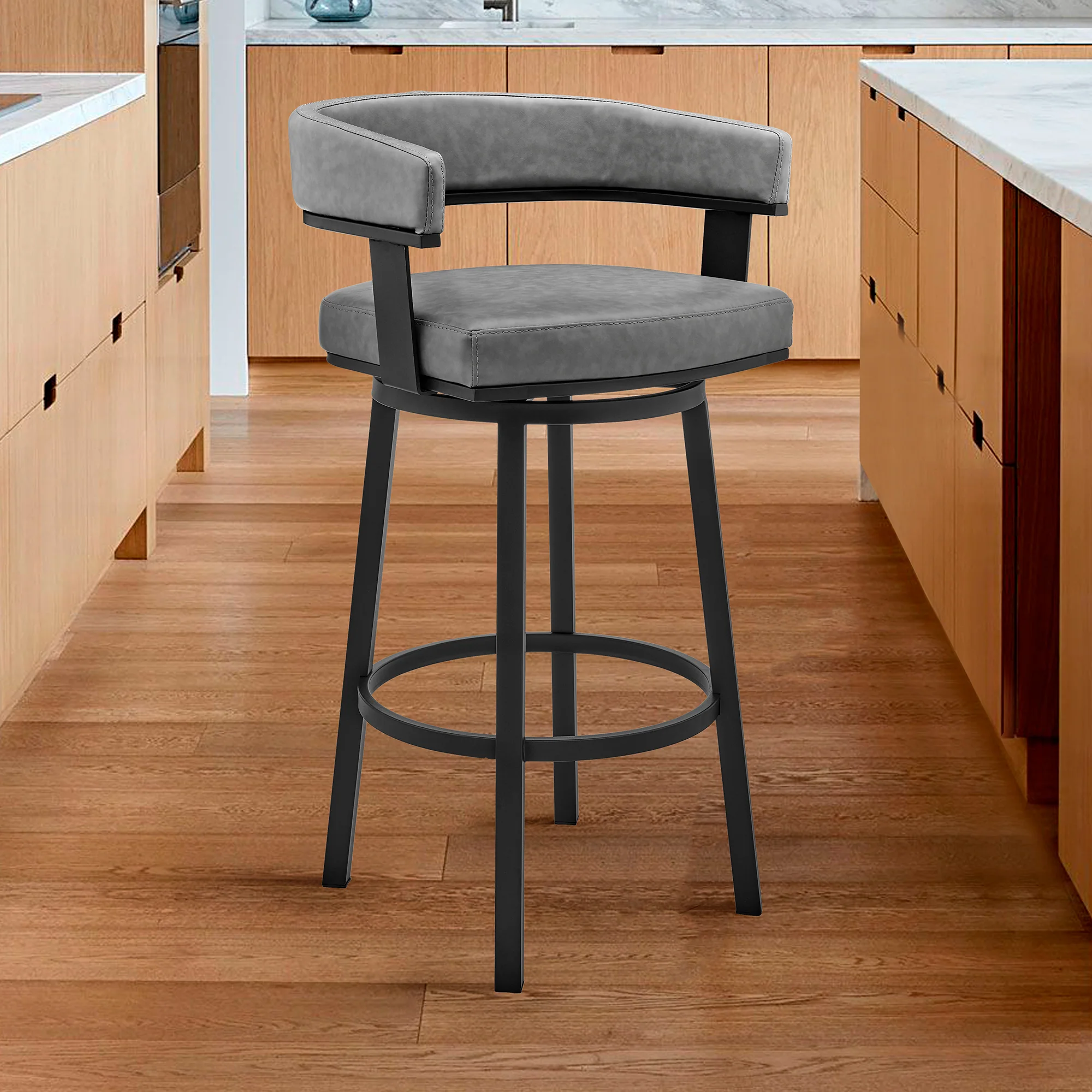 Lorin 30" Bar Height Swivel Bar Stool in Black Finish and Gray Faux Leather By Armen Living