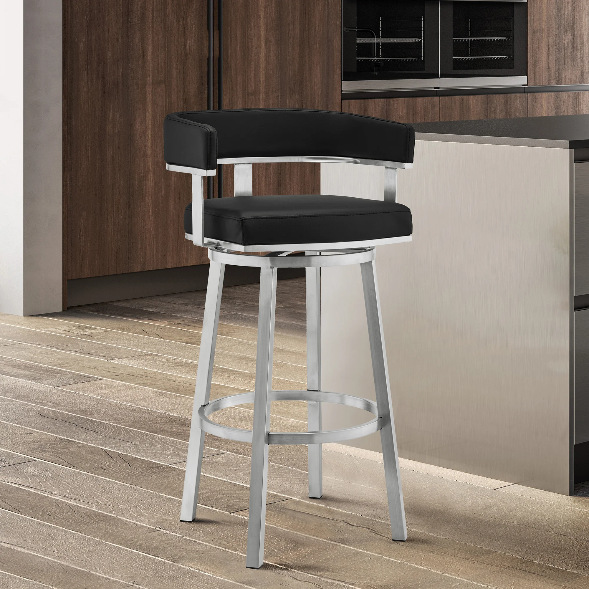 Lorin 30" Black Faux Leather and Brushed Stainless Steel Swivel Bar Stool By Armen Living