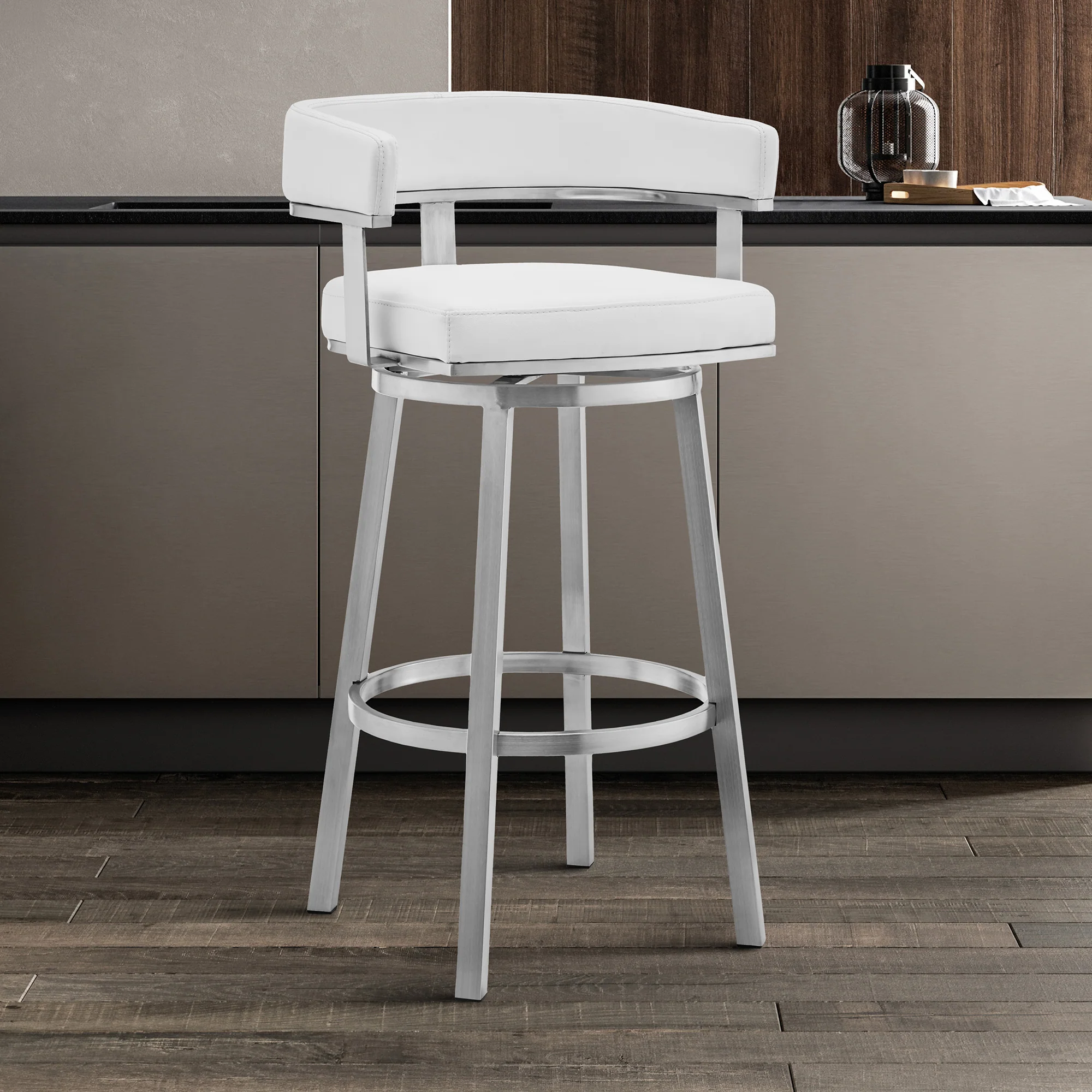 Lorin 30" White Faux Leather and Brushed Stainless Steel Swivel Bar Stool By Armen Living