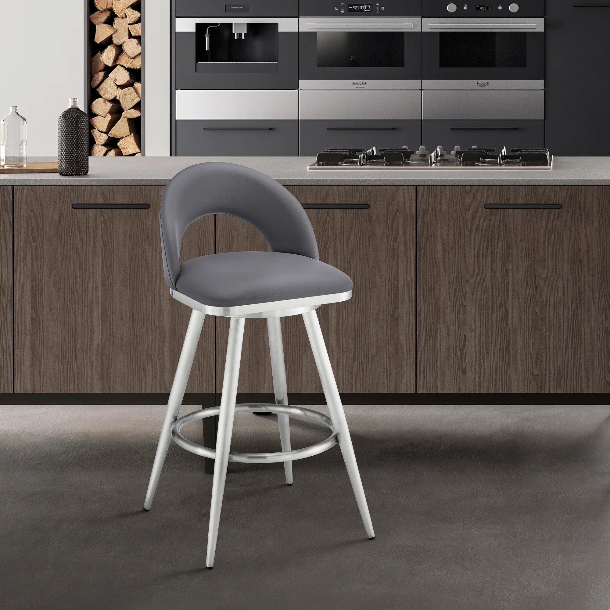 Lottech Swivel Bar Stool in Brushed Stainless Steel with Black Faux Leather By Armen Living - Image 11
