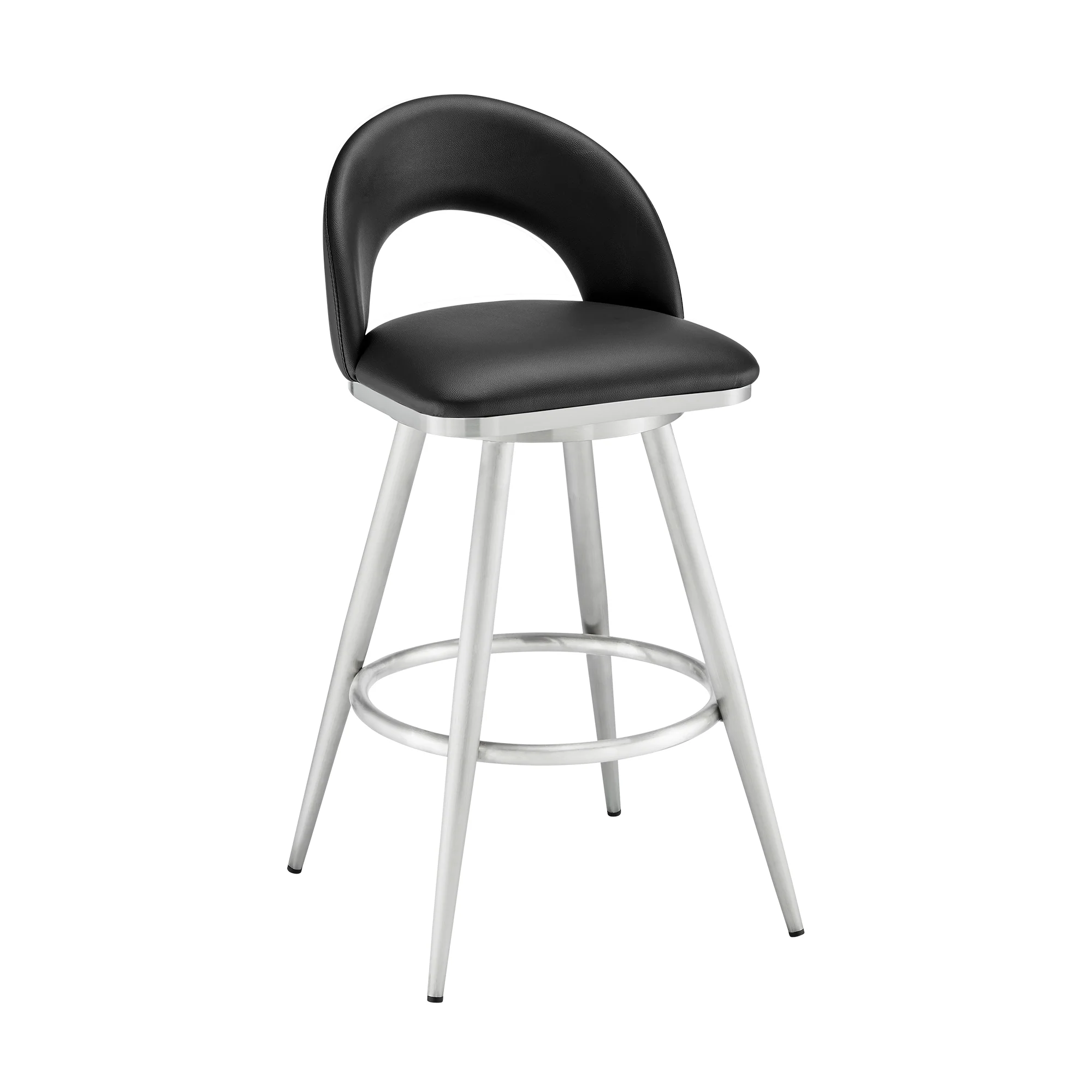 Lottech Swivel Bar Stool in Brushed Stainless Steel with Black Faux Leather By Armen Living - Image 2
