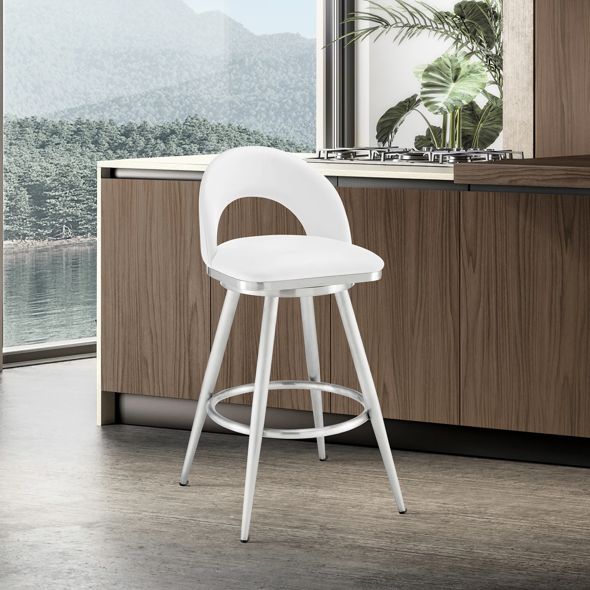 Lottech Swivel Bar Stool in Brushed Stainless Steel with Black Faux Leather By Armen Living - Image 21
